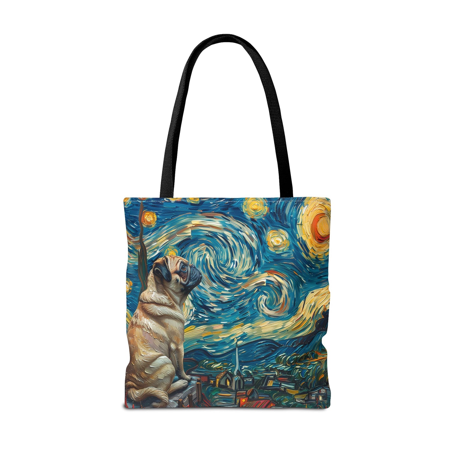 Starry Pug Canvas Tote Bag - Artistic Van Gogh-Inspired Design