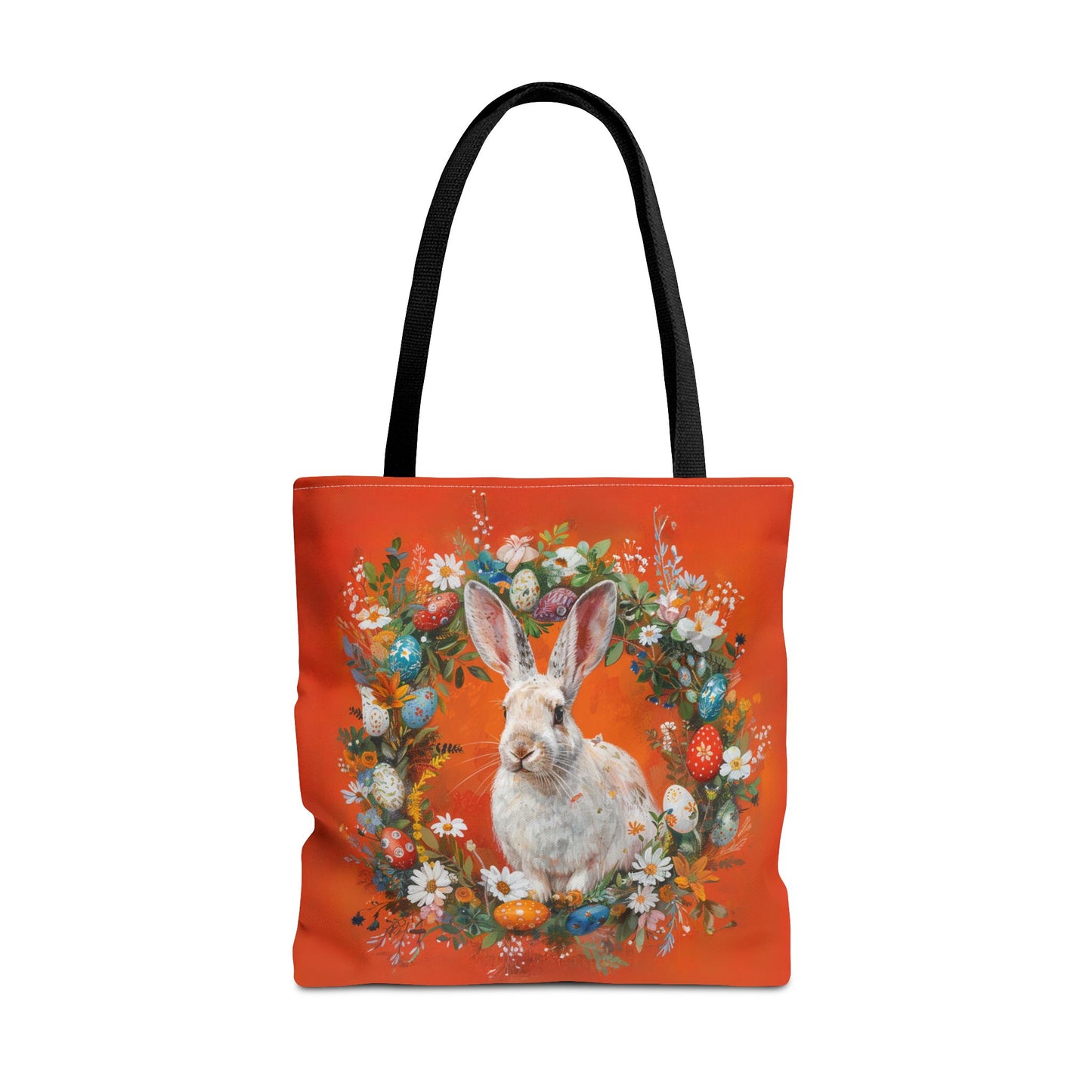 Easter Bunny Canvas Tote Bag, Bright Orange Floral Design, Eco-Friendly