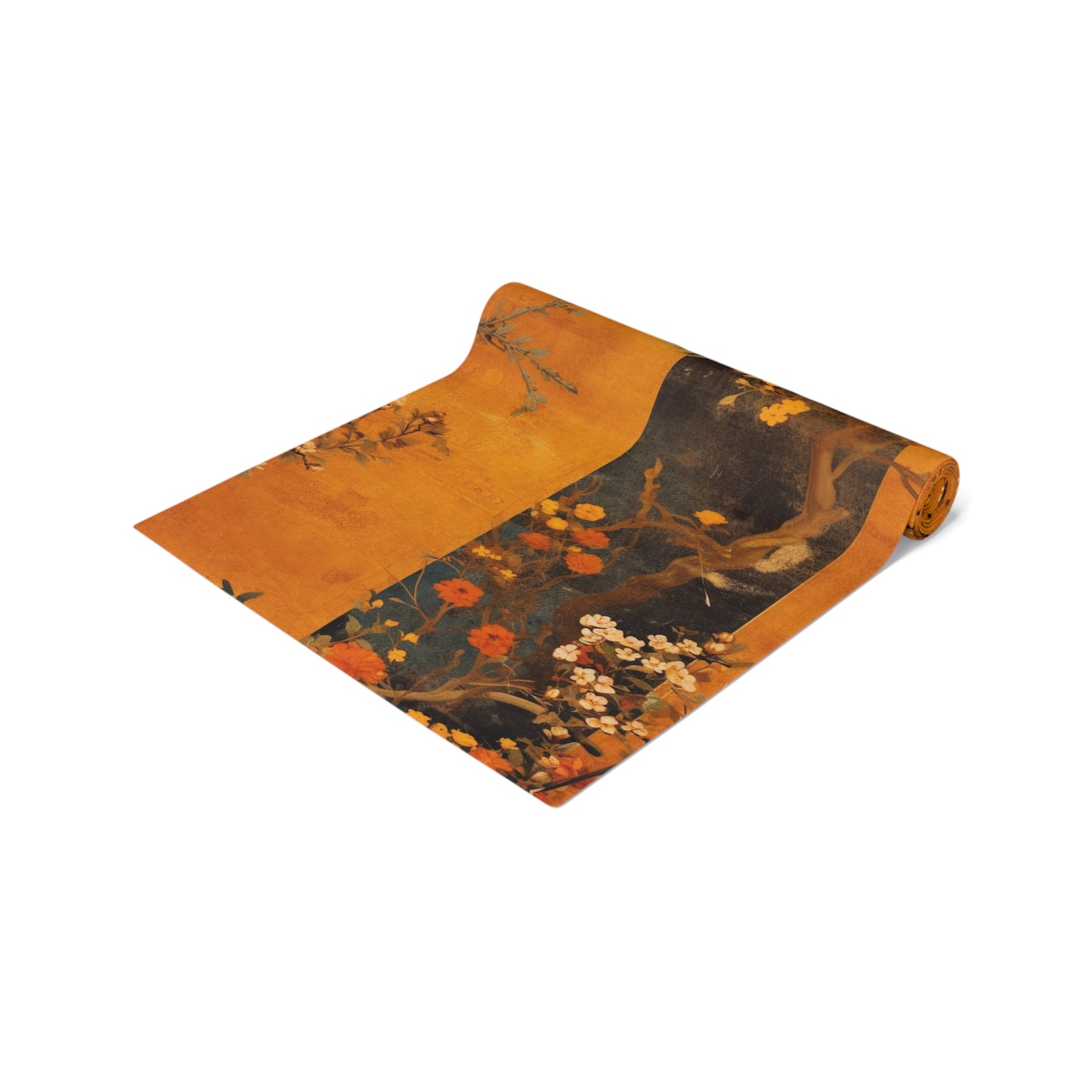 Autumn Floral Table Runner | Orange, Black, and Gold Design (72" or 90")