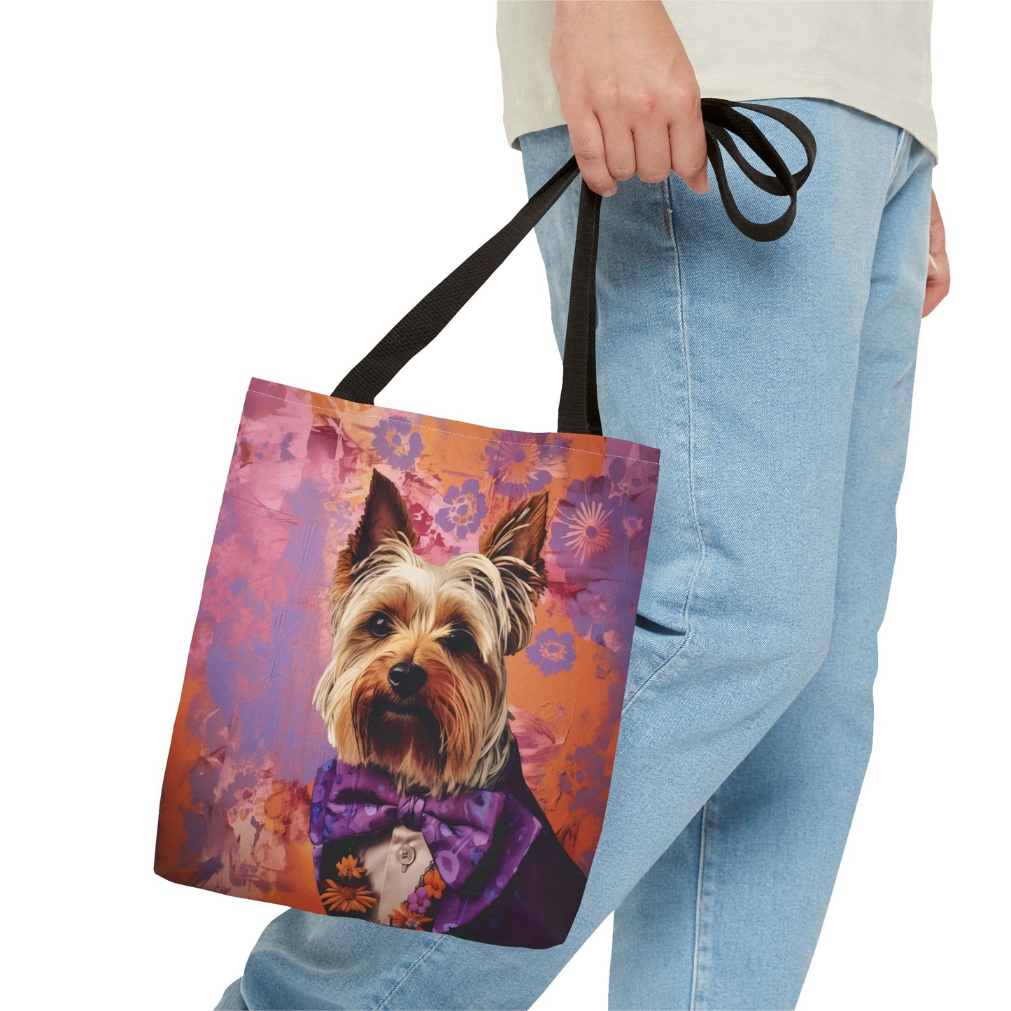 Yorkie Elegance Tote Bag with Vibrant Floral Backdrop, Eco-Friendly