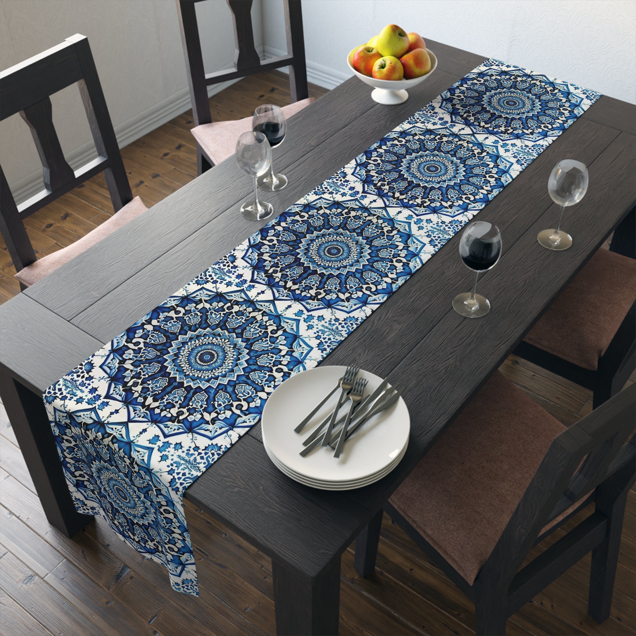 Gzhel-Inspired Table Runner | Blue and White Mandala Design (72" or 90")