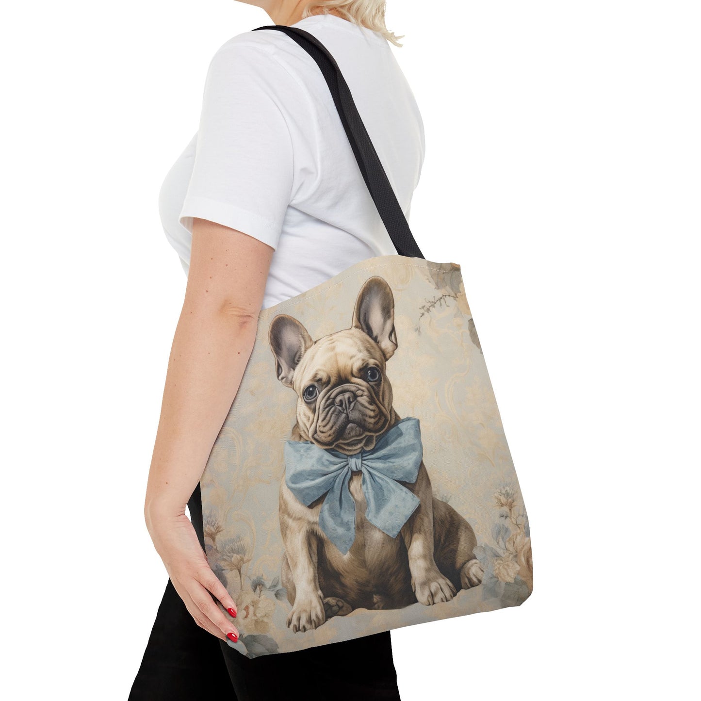 Dapper French Bulldog Canvas Tote Bag with Blue Bow, Dog Lover Gift