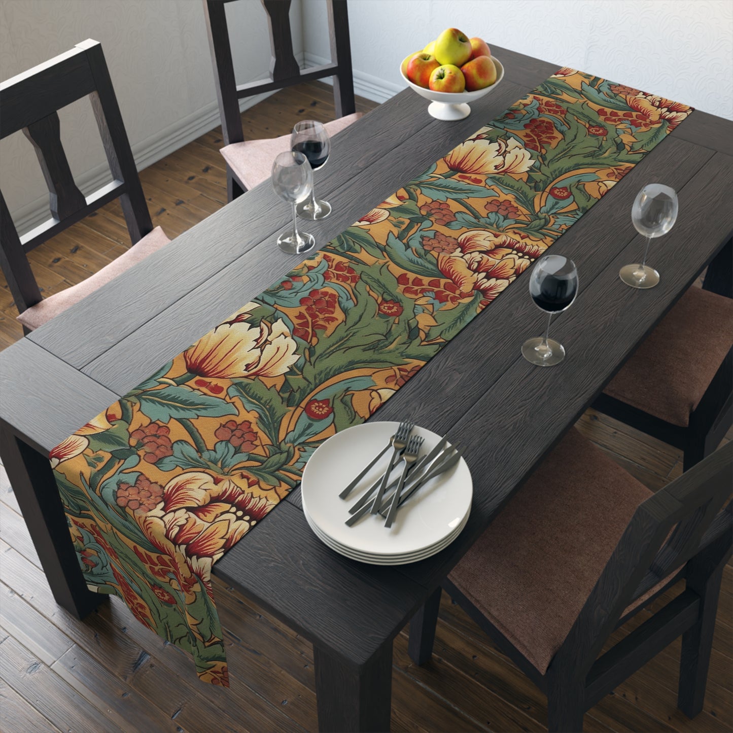 William Morris Inspired Table Runner | Green, Gold, and Red Design (72" or 90")