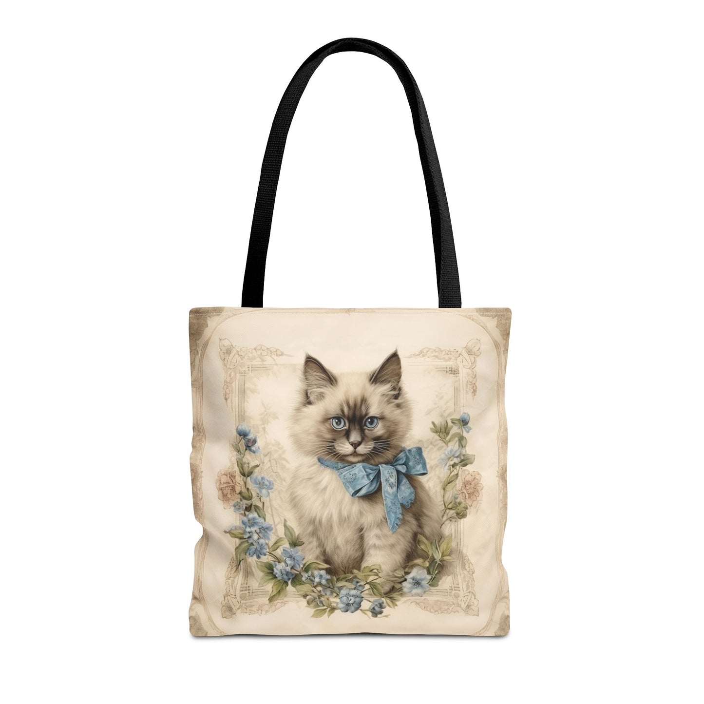 Ragdoll Cat Tote Bag with Blue Floral Design, Eco-Friendly Gift Idea