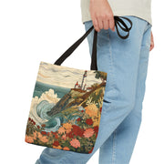 Coastal Lighthouse Canvas Tote Bag, Vintage Floral Ocean Design