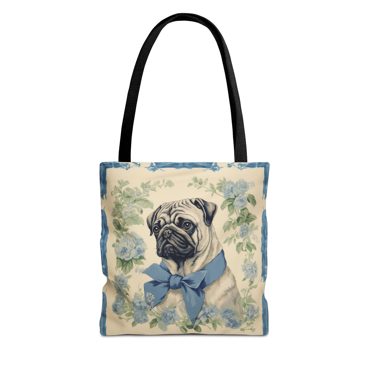 Charming Pug Tote Bag with Blue Bow and Floral Design