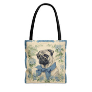 Charming Pug Tote Bag with Blue Bow and Floral Design