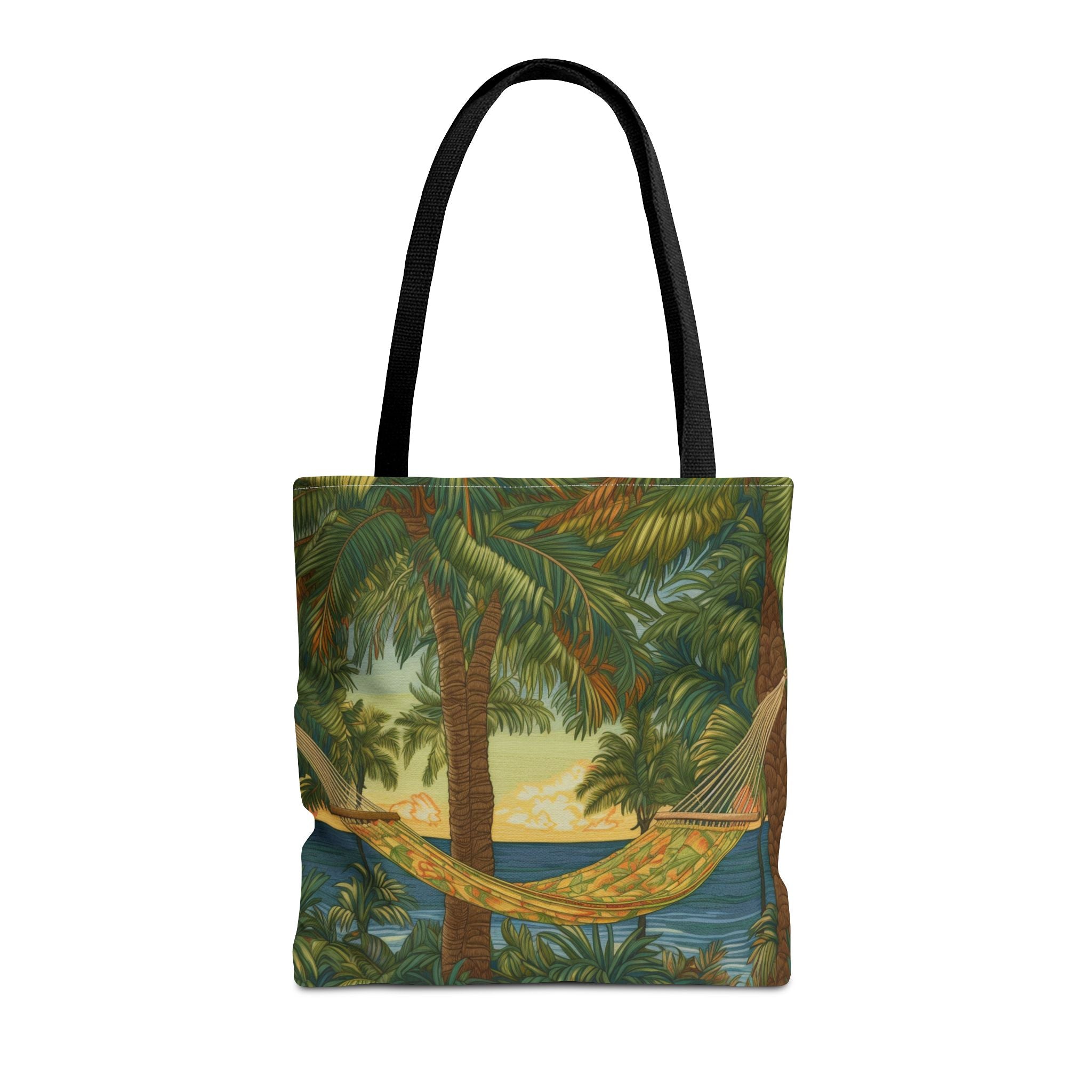 Tropical Paradise Canvas Tote Bag, Palm Tree Hammock Beach Design