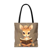 Whimsical Fawn Reader Canvas Tote Bag, Eco-Friendly Book Lover Gift