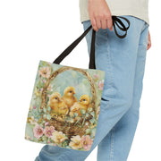 Easter Chick Trio Canvas Tote Bag, Spring Floral Shopping Bag