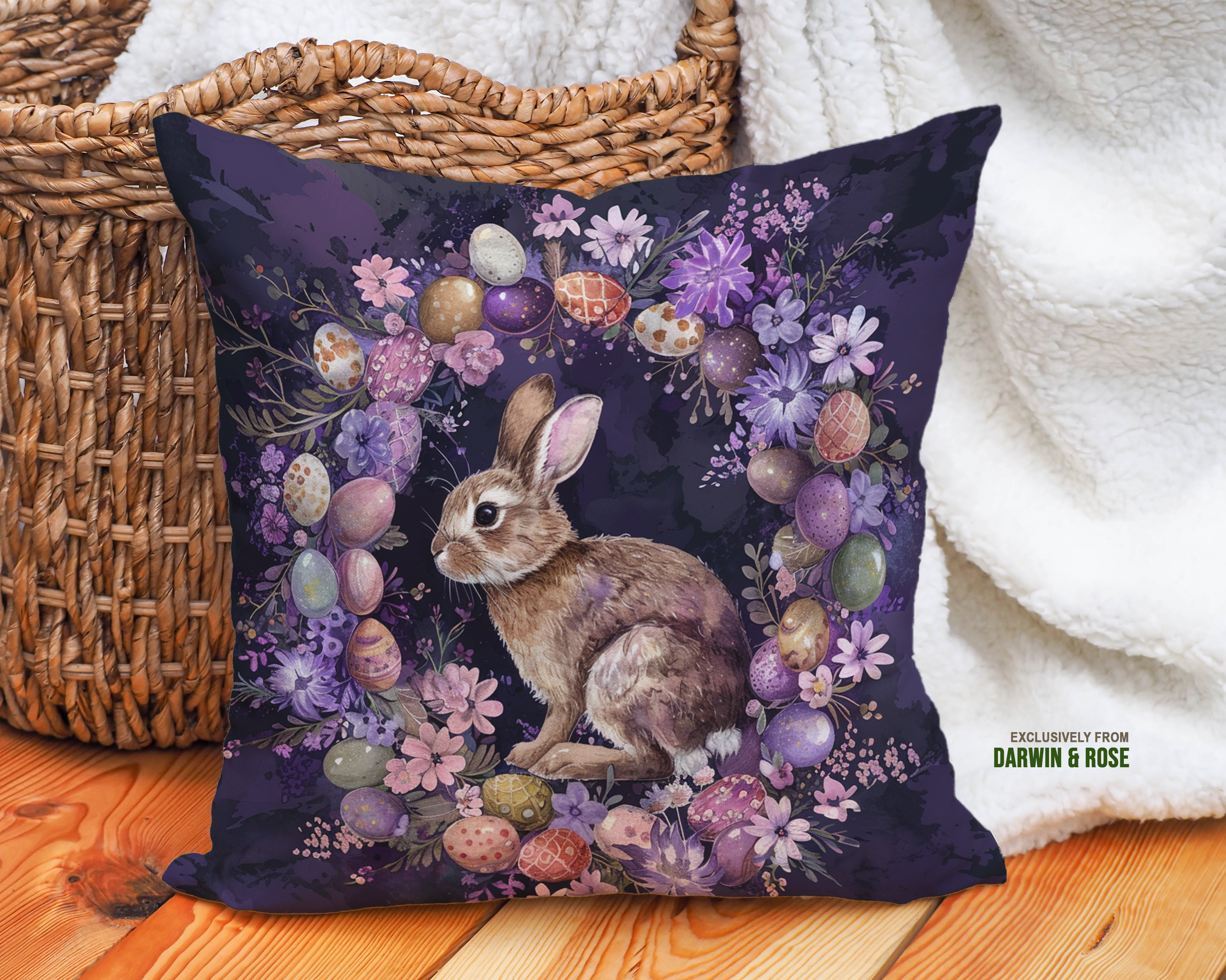Easter Bunny Wreath Throw Pillow – Whimsical Boho Easter Decor