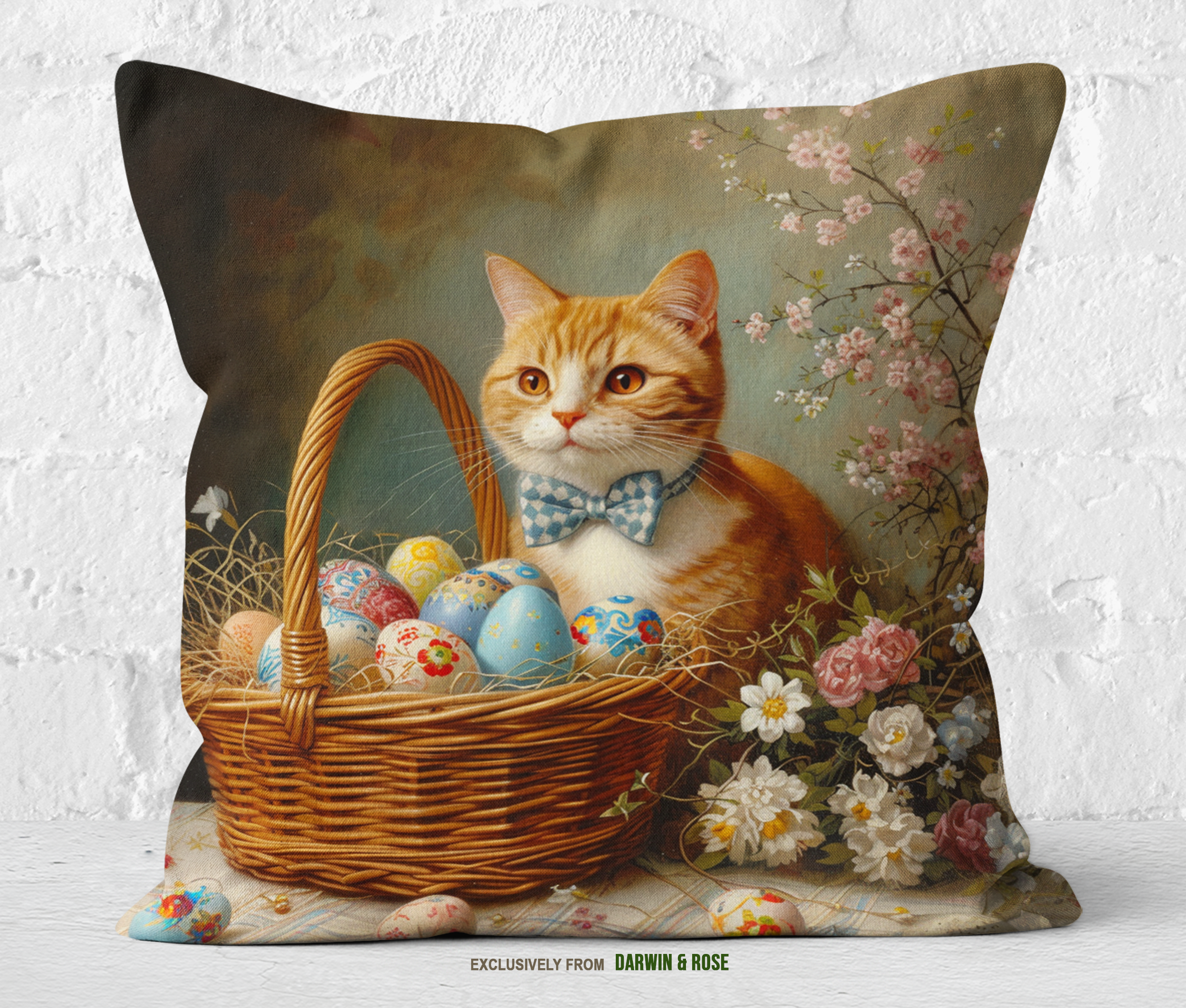 Easter Charm Cat Throw Pillow - Vintage Farmhouse Style