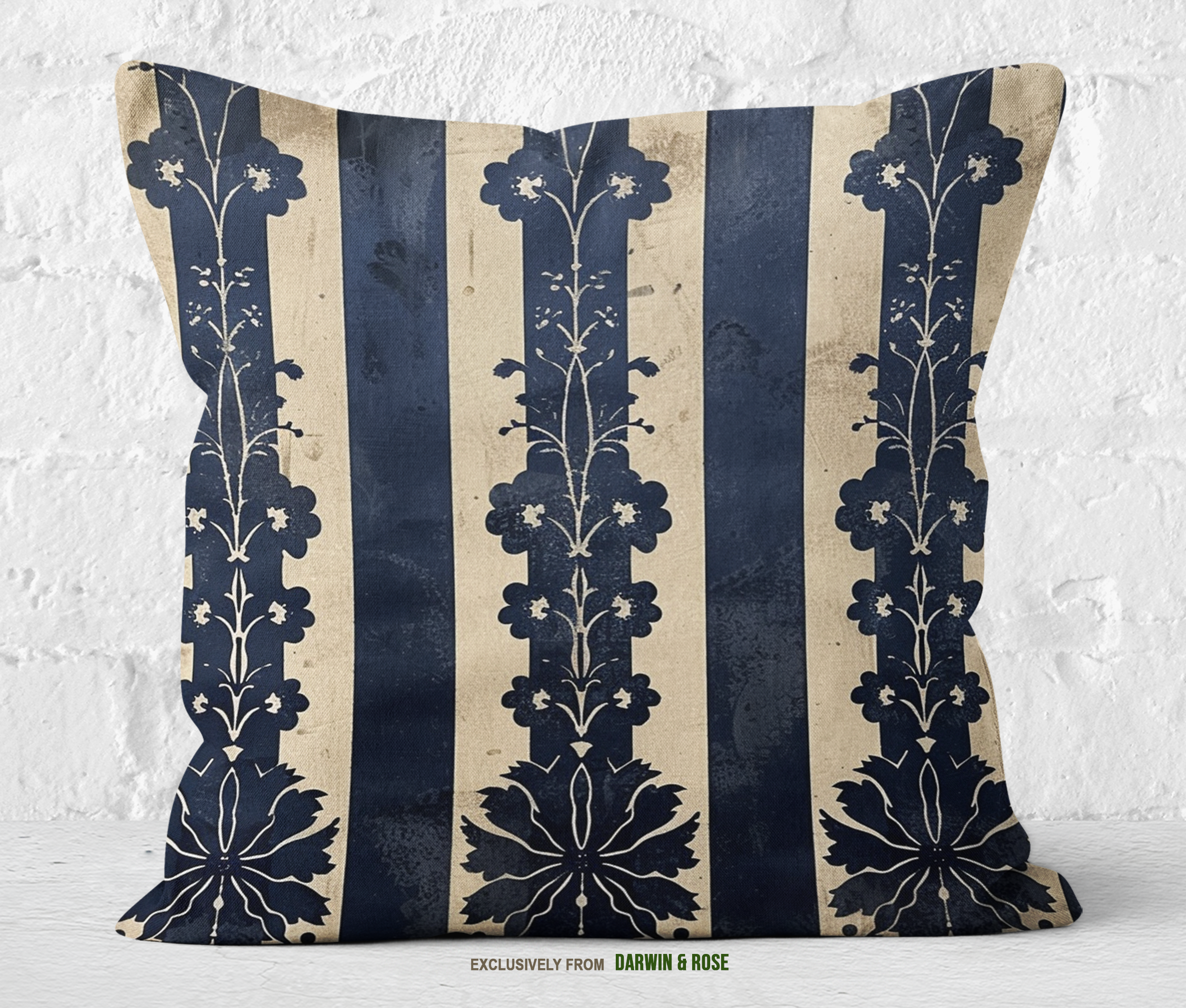 Elegant Navy and Cream Striped Throw Pillow – Vintage Boho Style