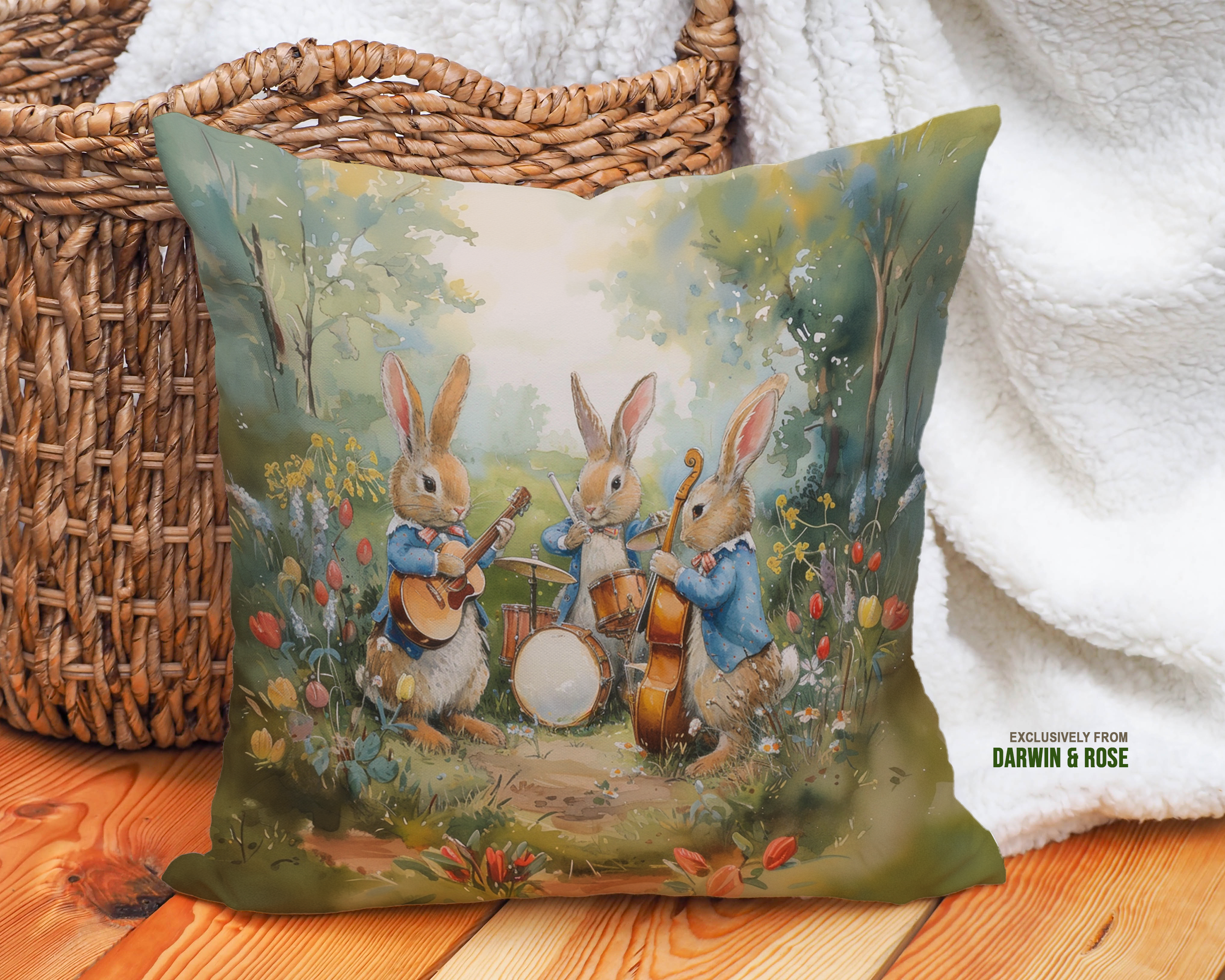 Easter Bunny Band in a Spring Meadow Throw Pillow