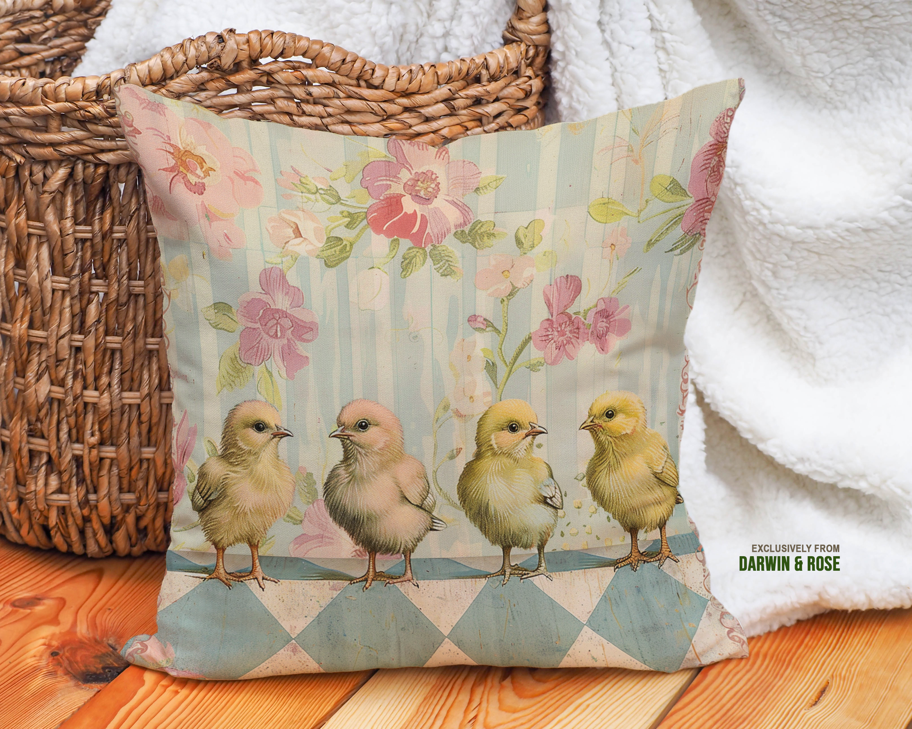 Vintage Easter Chicks Throw Pillow – Farmhouse Pastel Spring Décor