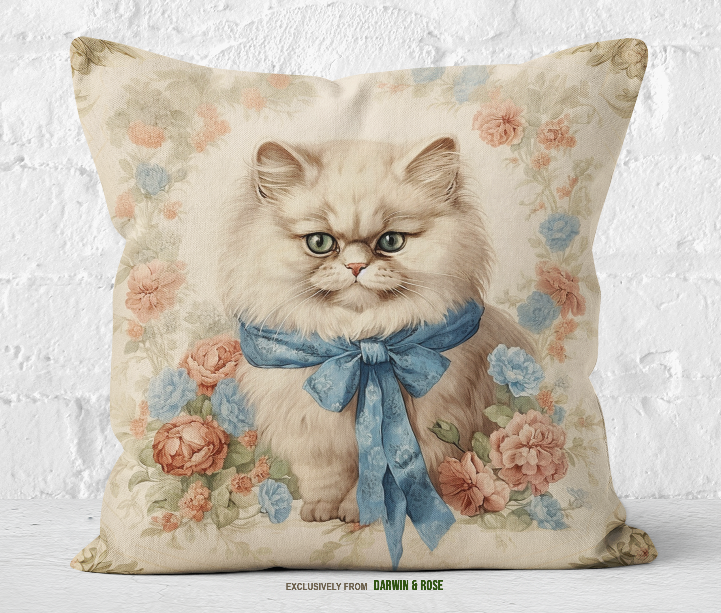 Vintage Floral Persian Cat Throw Pillow - Victorian Cottagecore Décor
