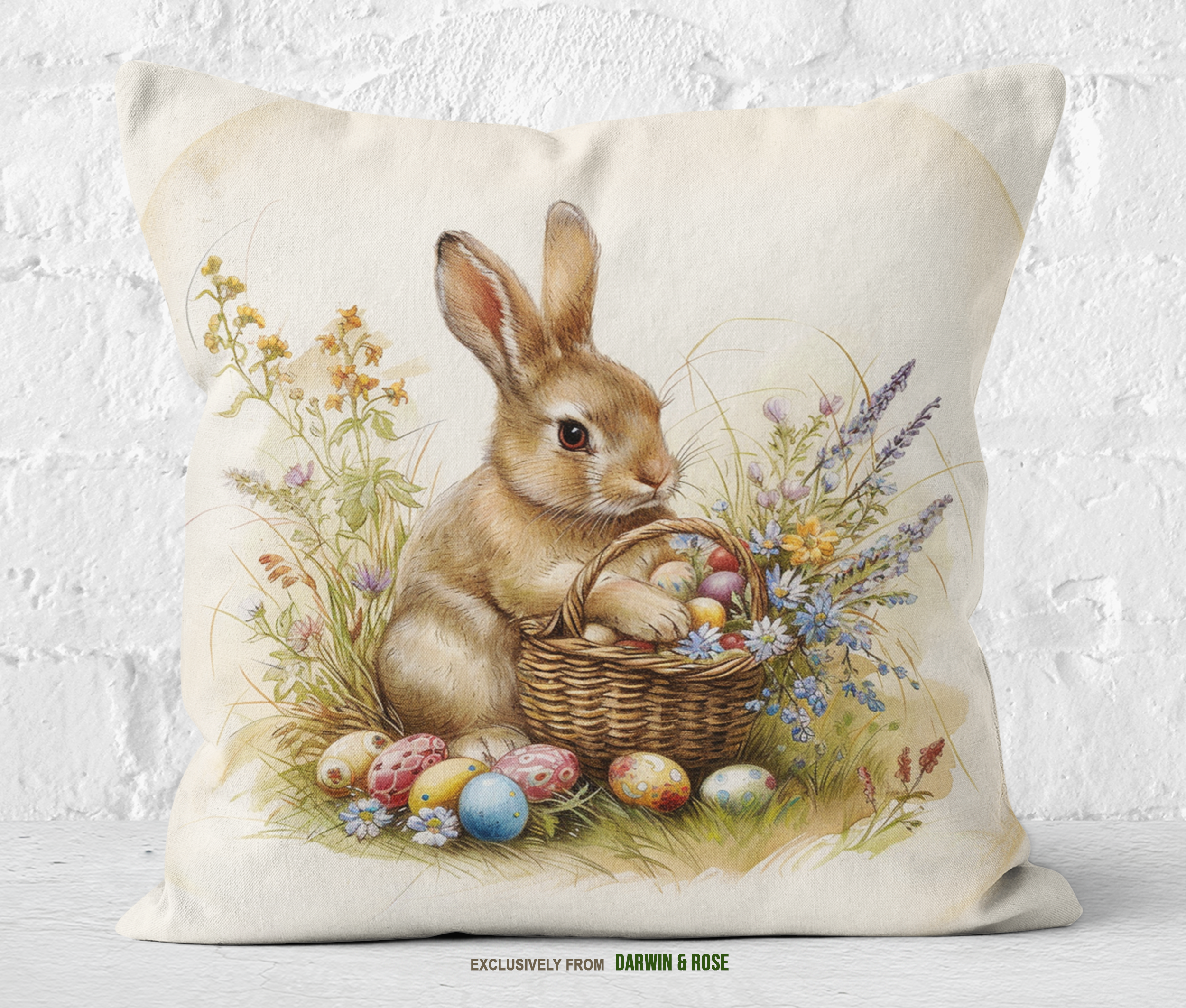 Easter Bunny Meadow Throw Pillow - Rustic Farmhouse Spring Decor