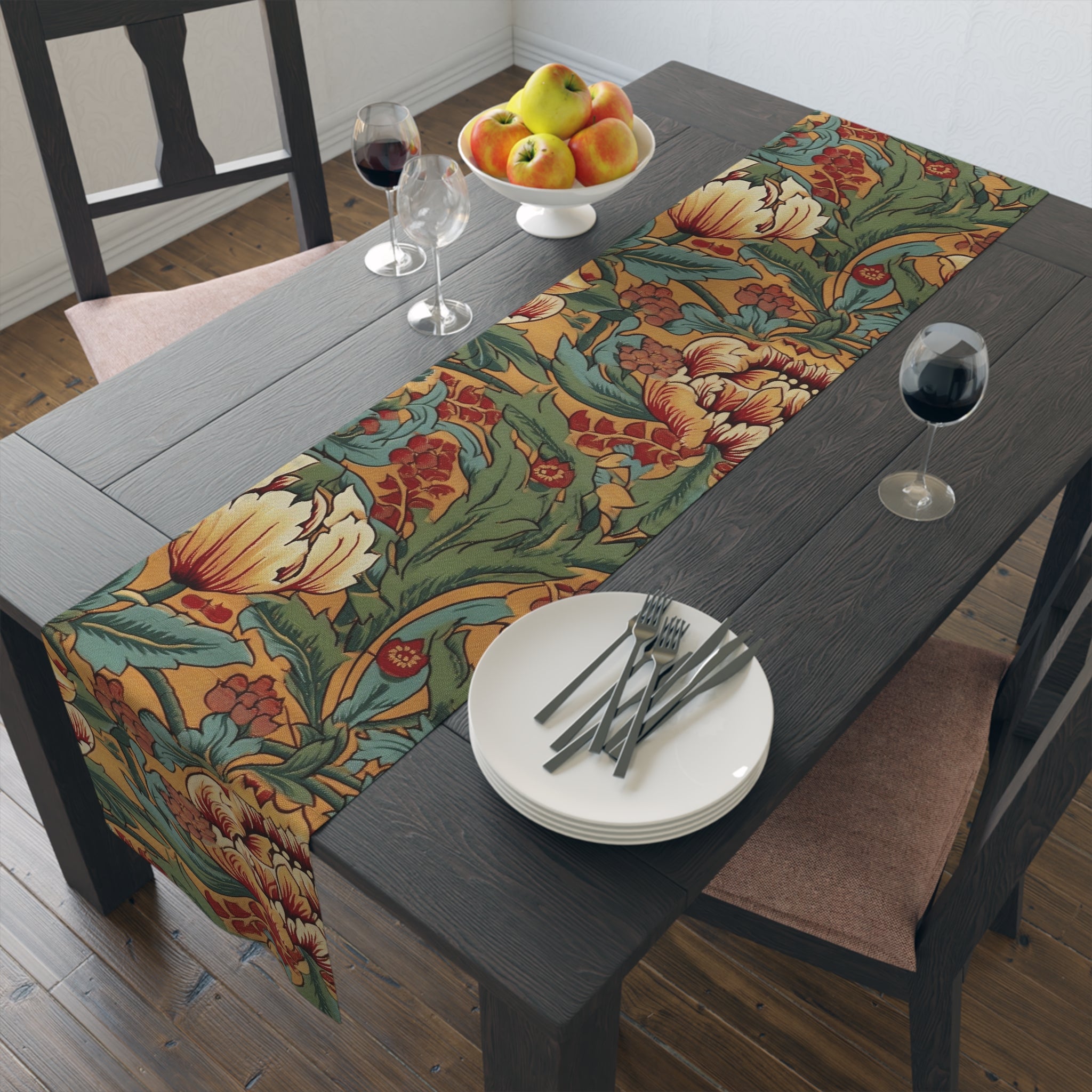 William Morris Inspired Table Runner | Green, Gold, and Red Design (72" or 90")