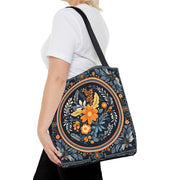 Elegant Botanical Tote Bag with Orange and Blue Floral Design