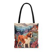 St. Bernard Swiss Alps Tote Bag, Scenic Chalet Dog Lover Gift