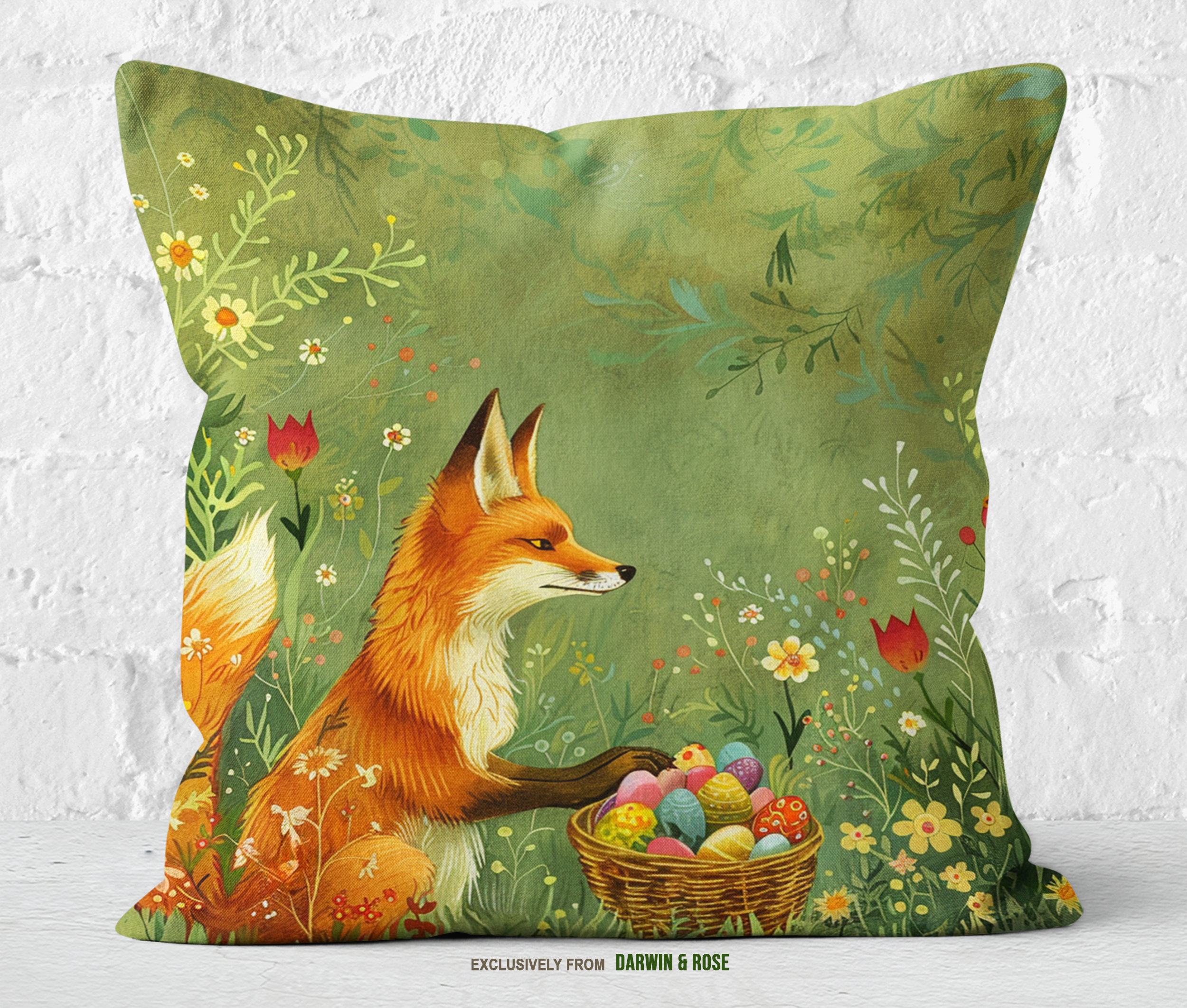 Whimsical Easter Fox Pillow – Boho Spring Décor
