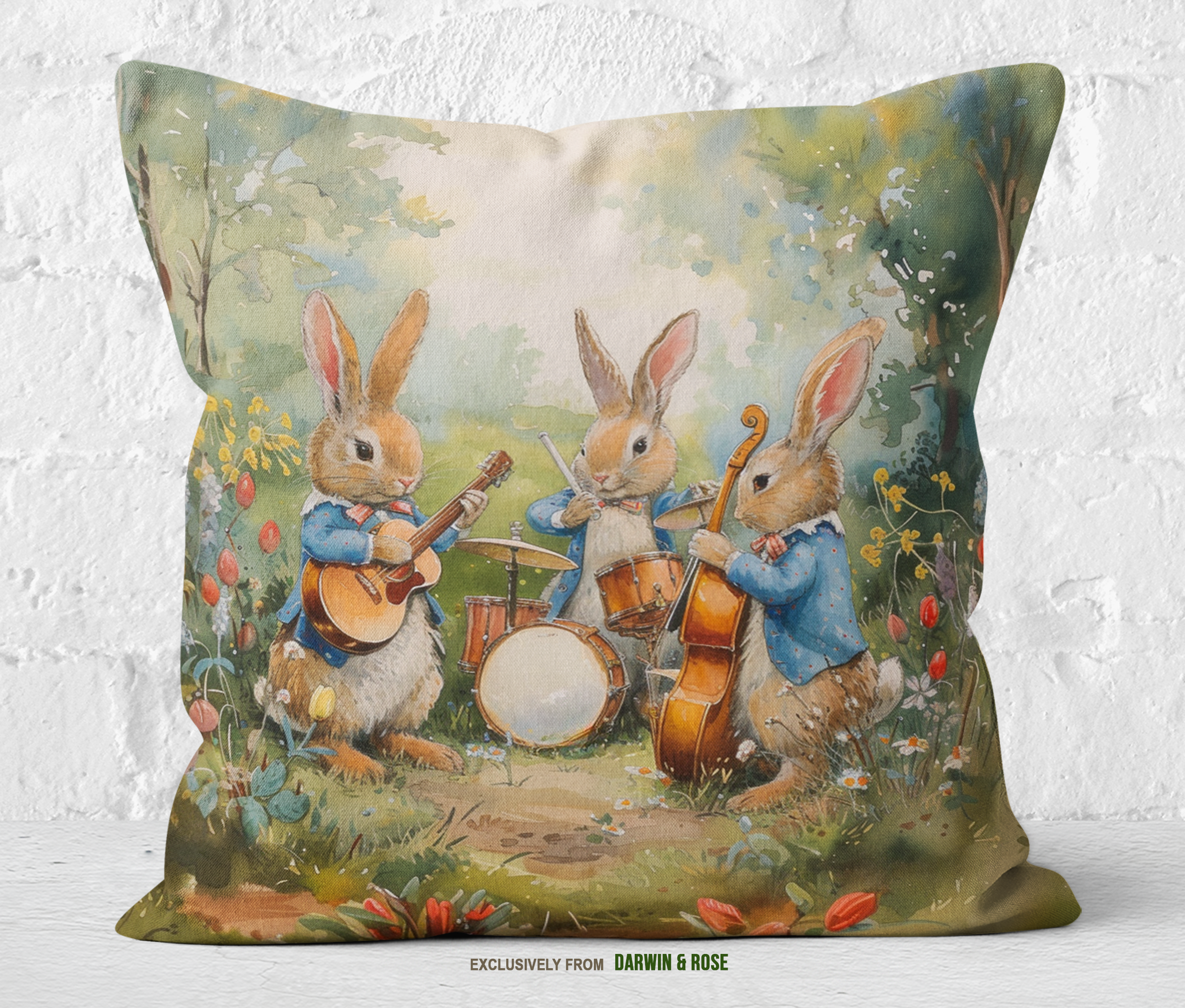 Easter Bunny Band in a Spring Meadow Throw Pillow