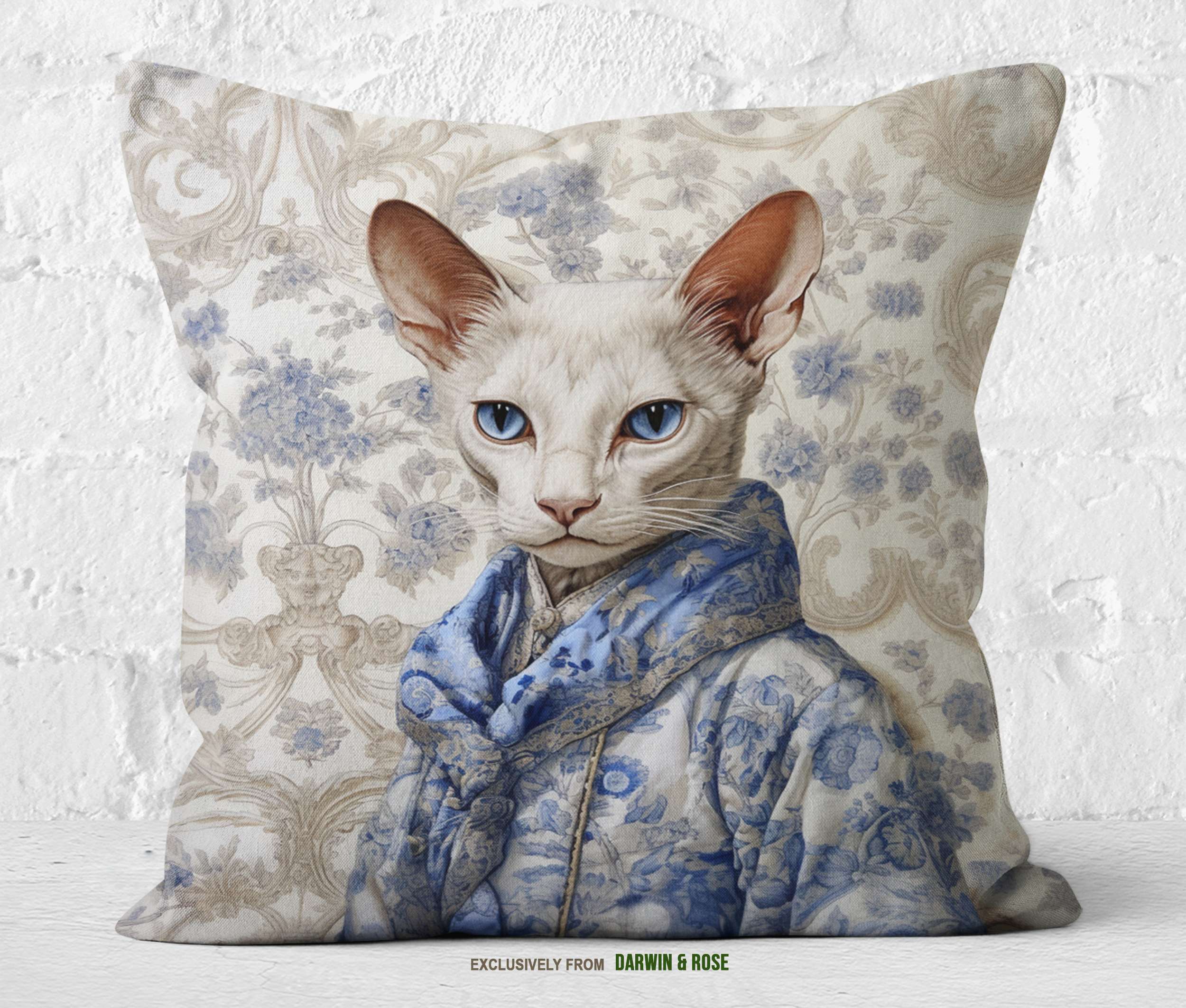 Regal Oriental Cat in Blue Toile Modern Throw Pillow