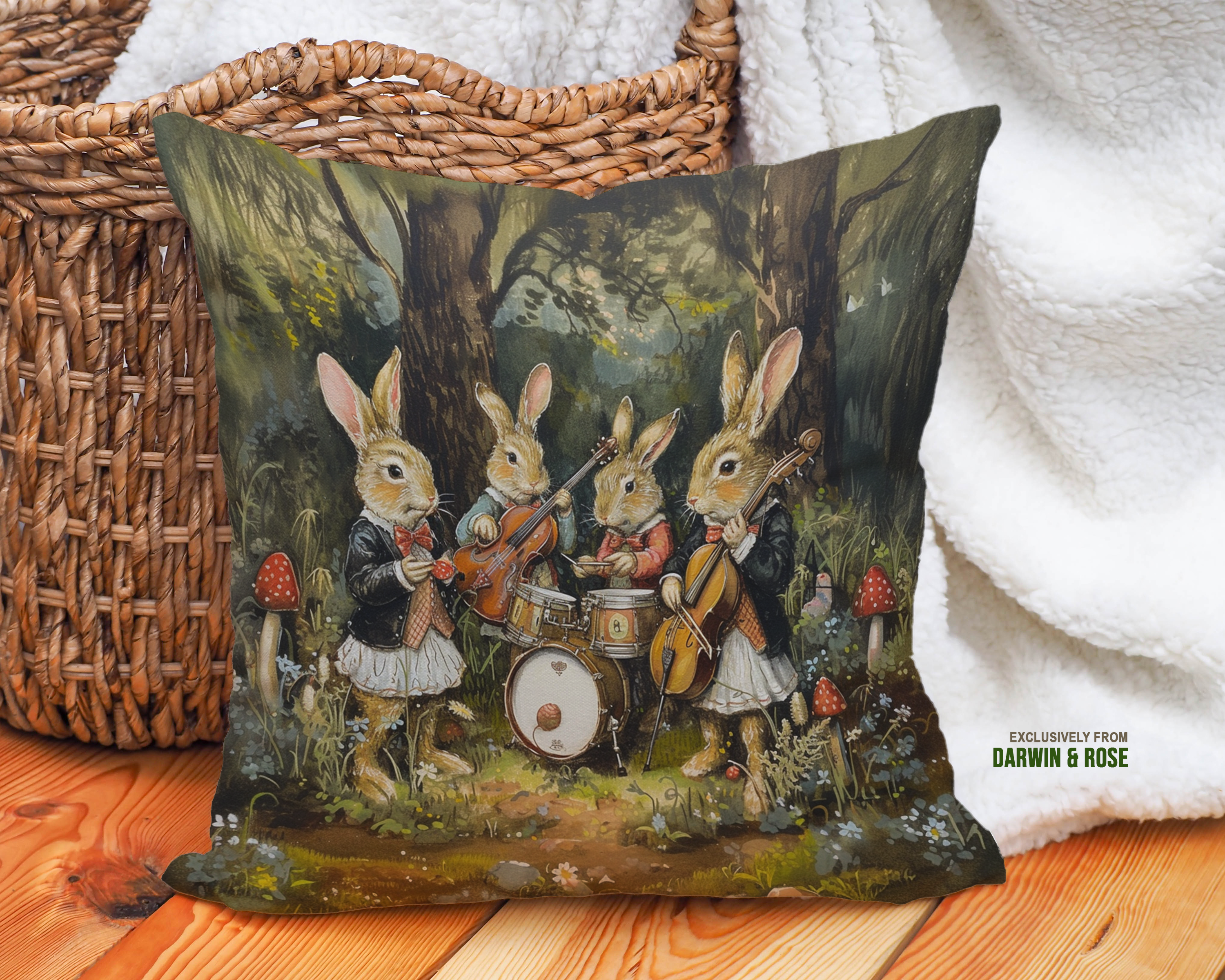 Woodland Easter Bunny Band Throw Pillow - Whimsical Farmhouse Style