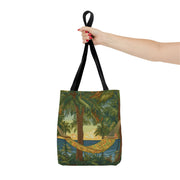 Tropical Paradise Canvas Tote Bag, Palm Tree Hammock Beach Design