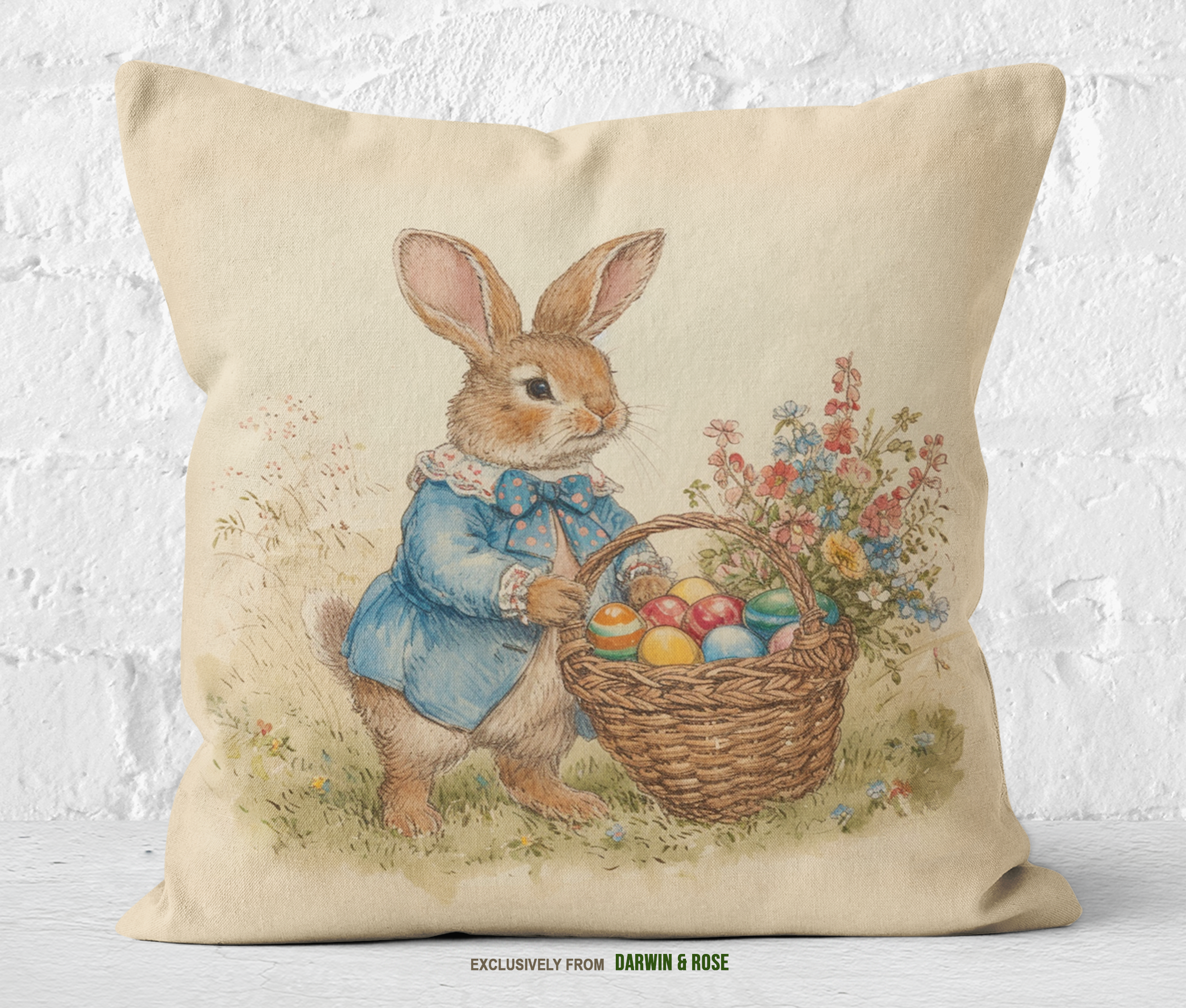 Vintage Easter Bunny with Floral Basket Throw Pillow