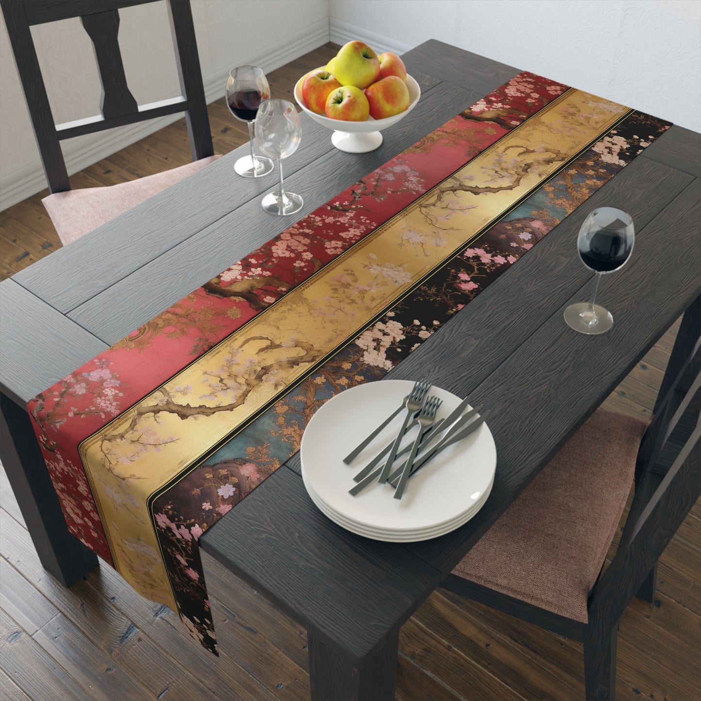 Elegant Asian Table Runner | Crimson Red, Gold, Blue, Black Luxury Decor (72" or 90")