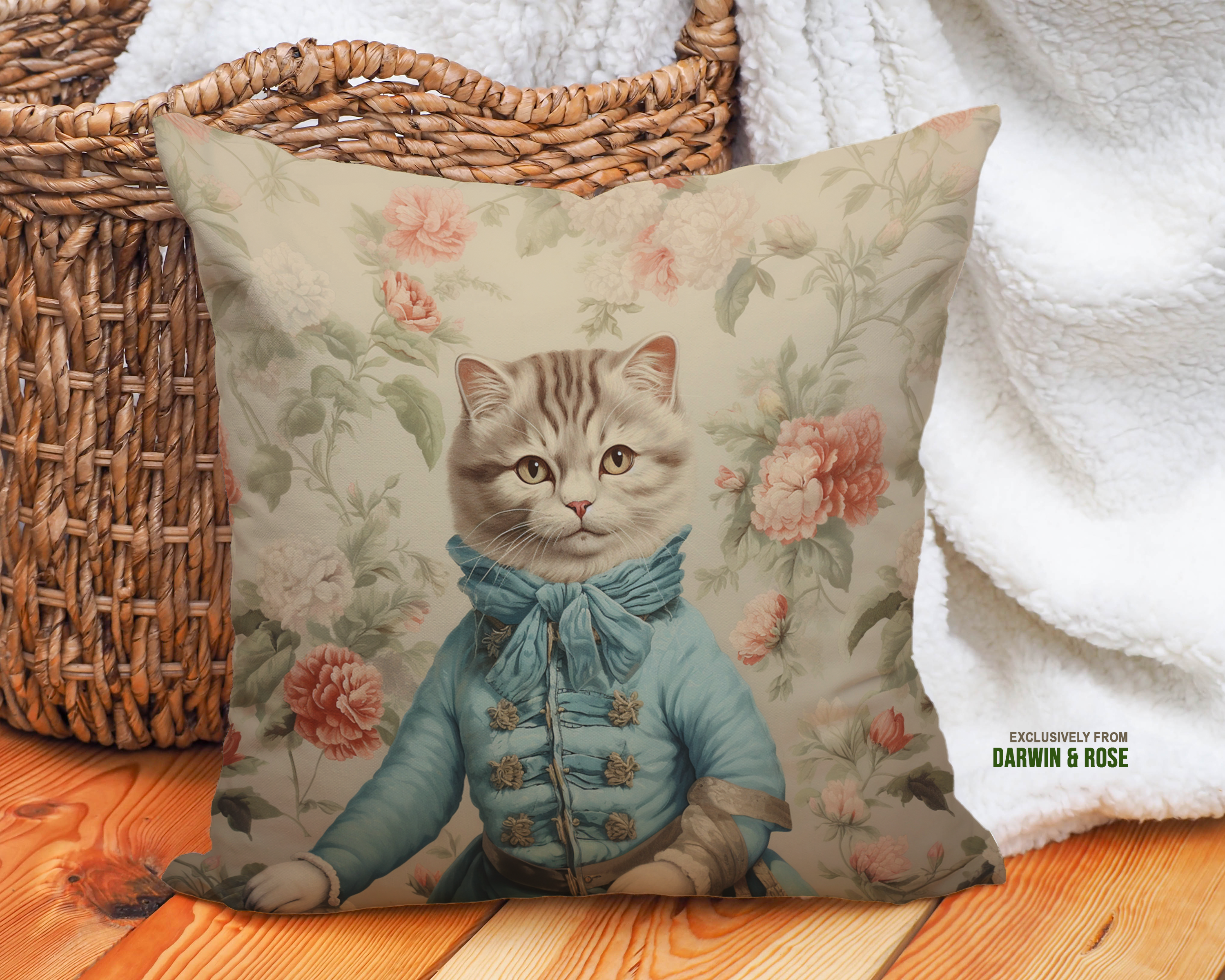 Regal Scottish Fold Cat in Victorian Blue Attire Throw Pillow