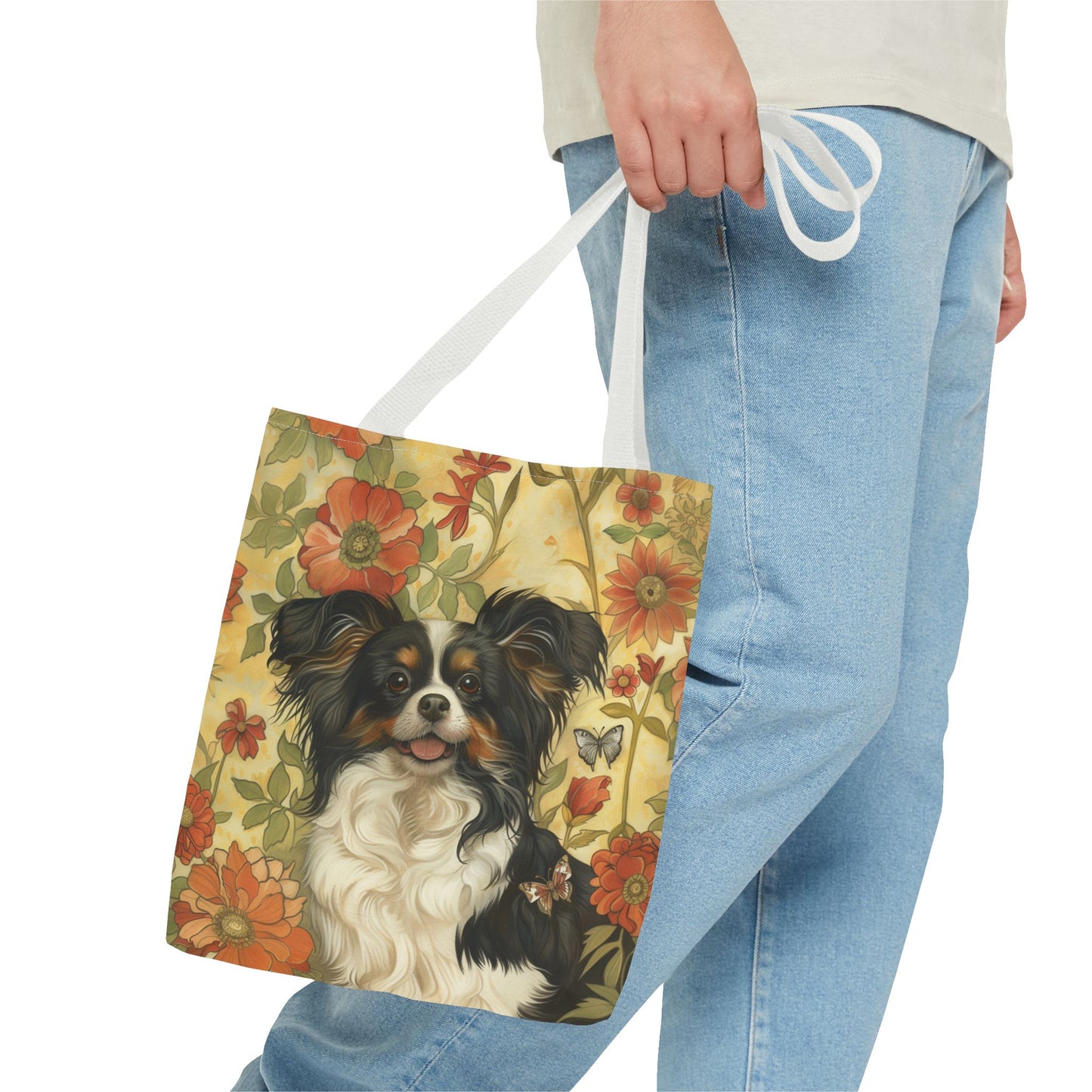 Papillon Dog Floral Canvas Tote Bag, Cute and Eco-Friendly Gift