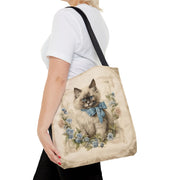 Ragdoll Cat Tote Bag with Blue Floral Design, Eco-Friendly Gift Idea