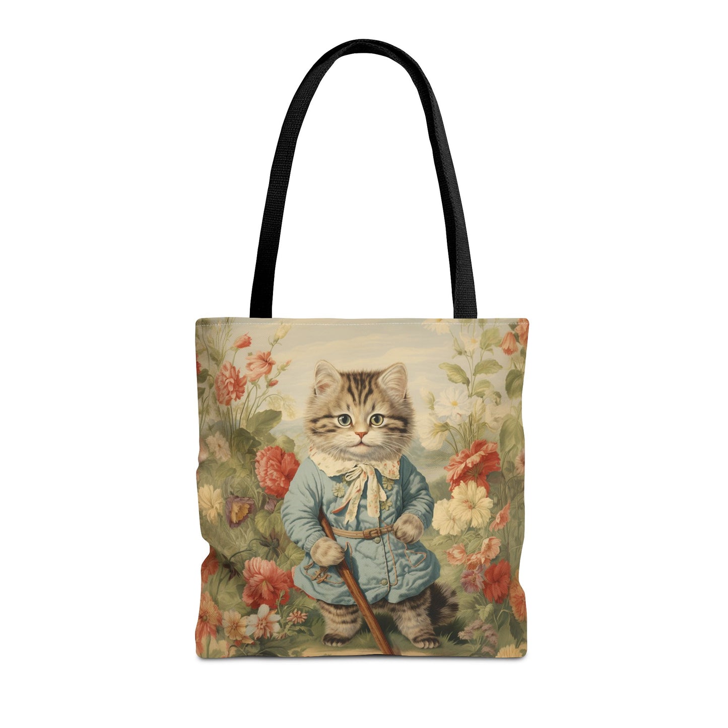 Whimsical Garden Cat Tote Bag, Vintage Floral Eco-Friendly Canvas