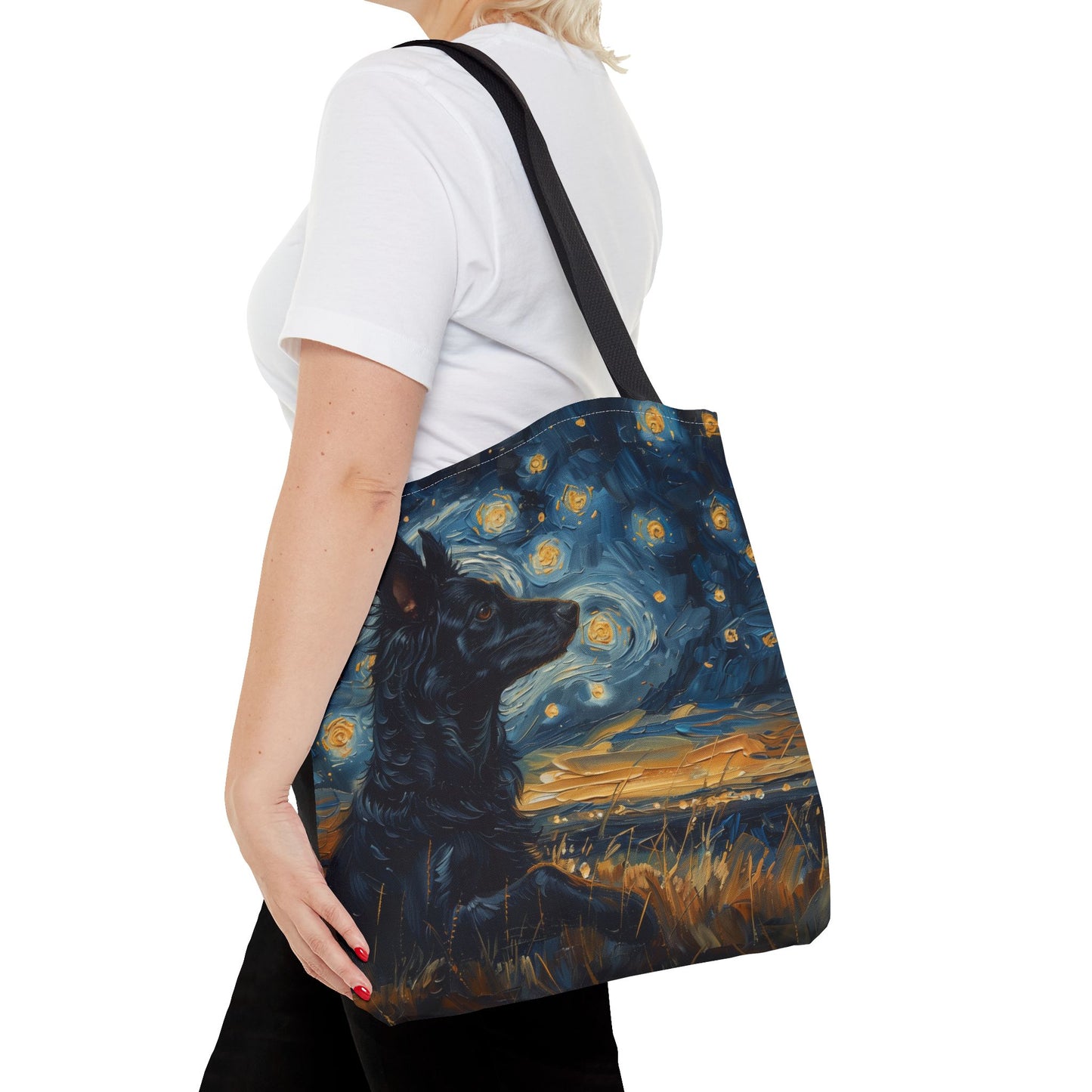 Starry Night Black Dog Tote Bag, Artistic Grocery & Beach Accessory