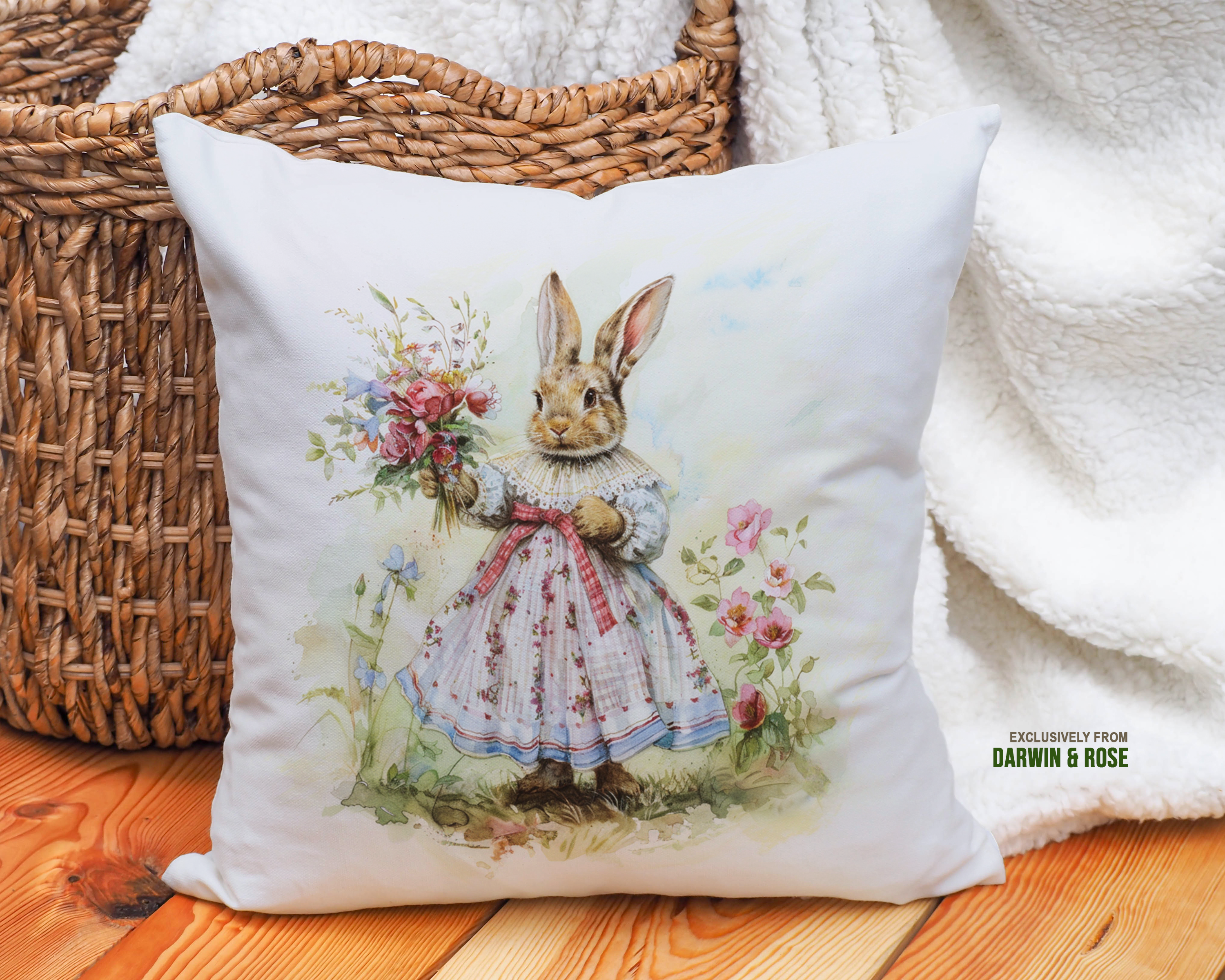 Vintage Easter Bunny Floral Throw Pillow - Cottagecore Spring Decor