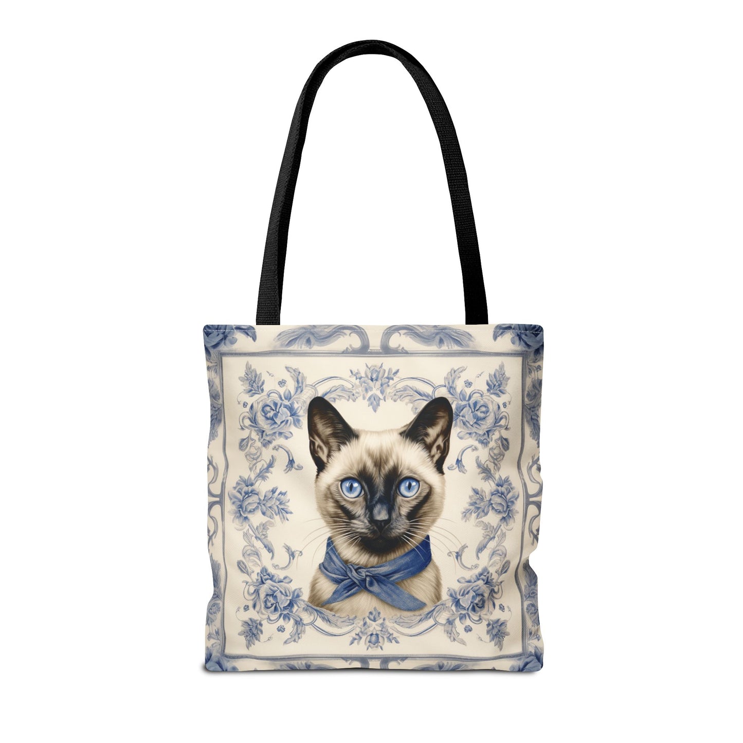 Siamese Cat Tote Bag with Vintage Blue Floral Design