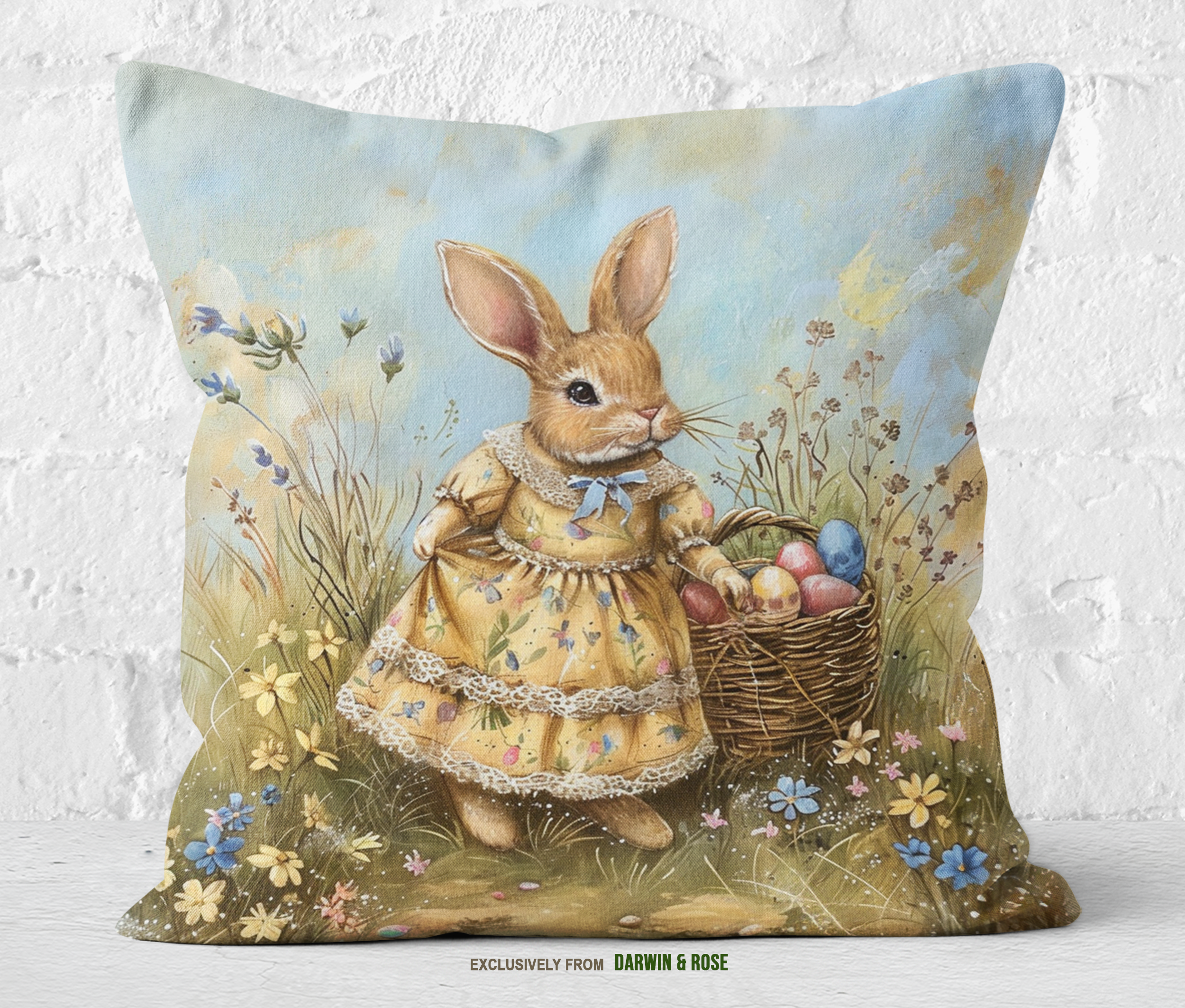 Easter Bunny in Vintage Floral Dress Throw Pillow – Farmhouse Spring Decor