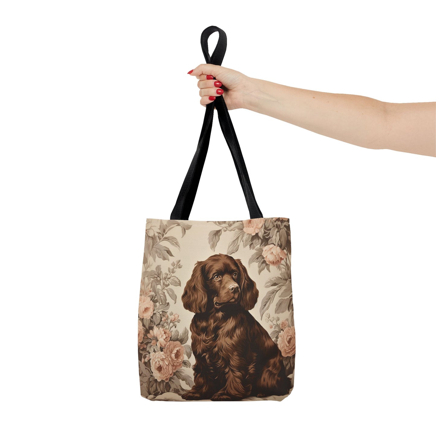 Chocolate Brown Spaniel Tote Bag with Vintage Floral Design