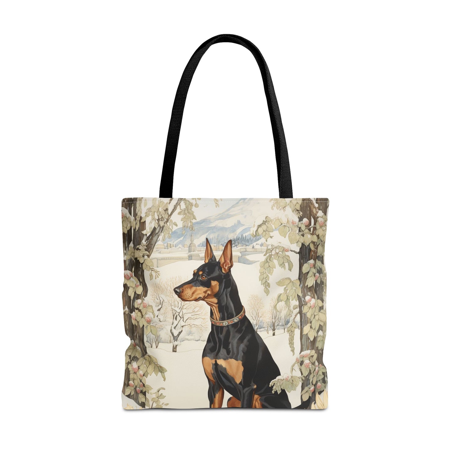 Winter Doberman Tote Bag – Elegant Snowy Alpine Scene Canvas Bag