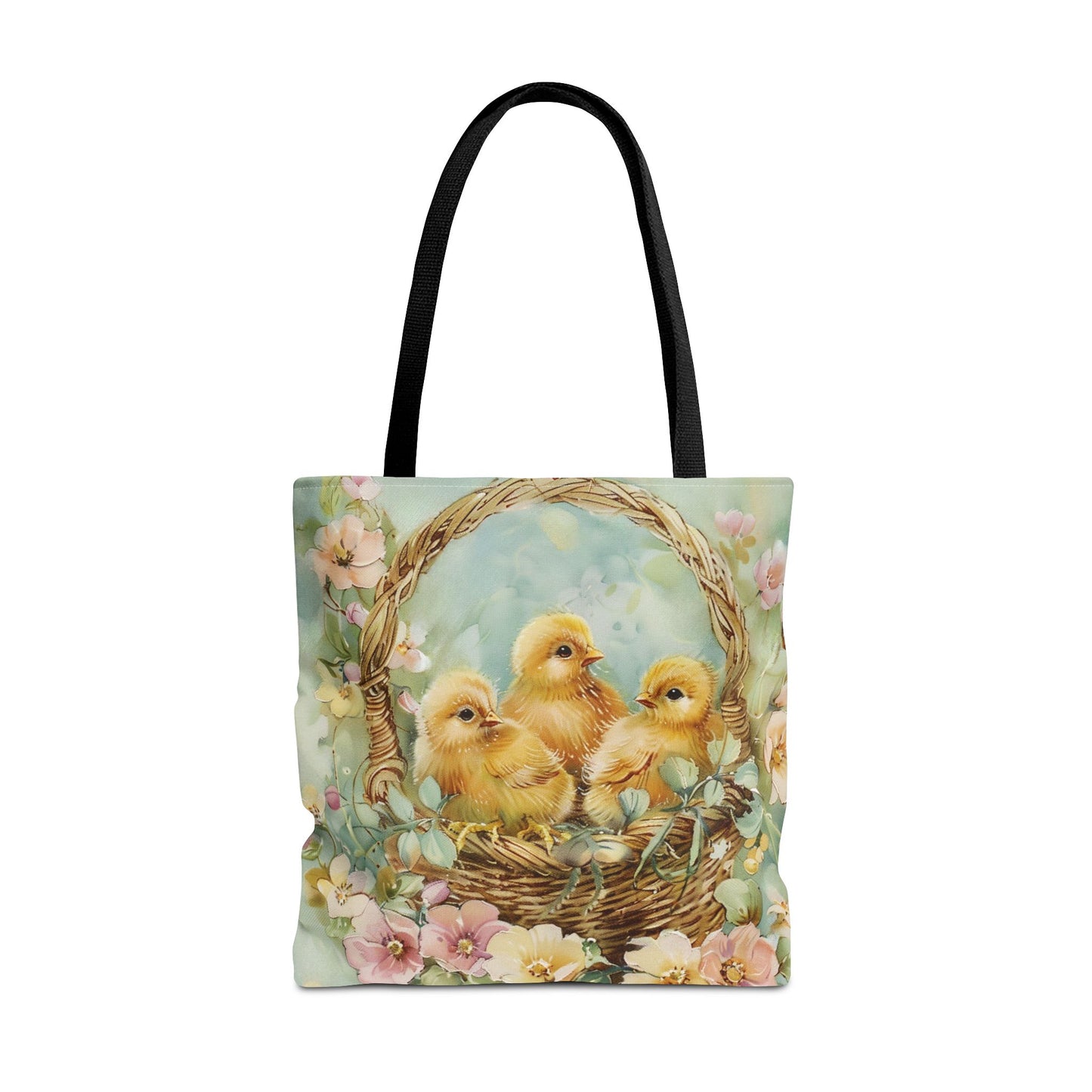 Easter Chick Trio Canvas Tote Bag, Spring Floral Shopping Bag