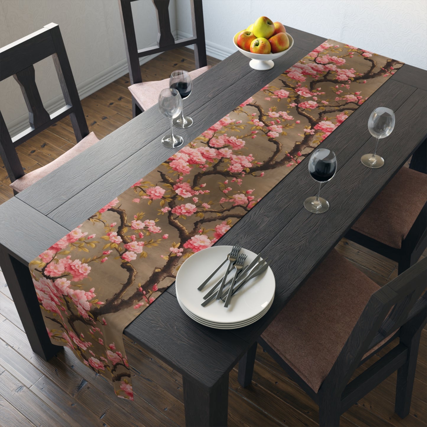 Cherry Blossom Table Runner | Pink and Brown Floral Décor (72" or 90")