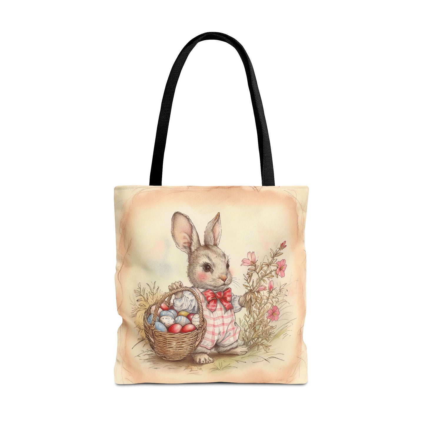 Vintage Easter Bunny Tote Bag with Floral and Egg Basket Design