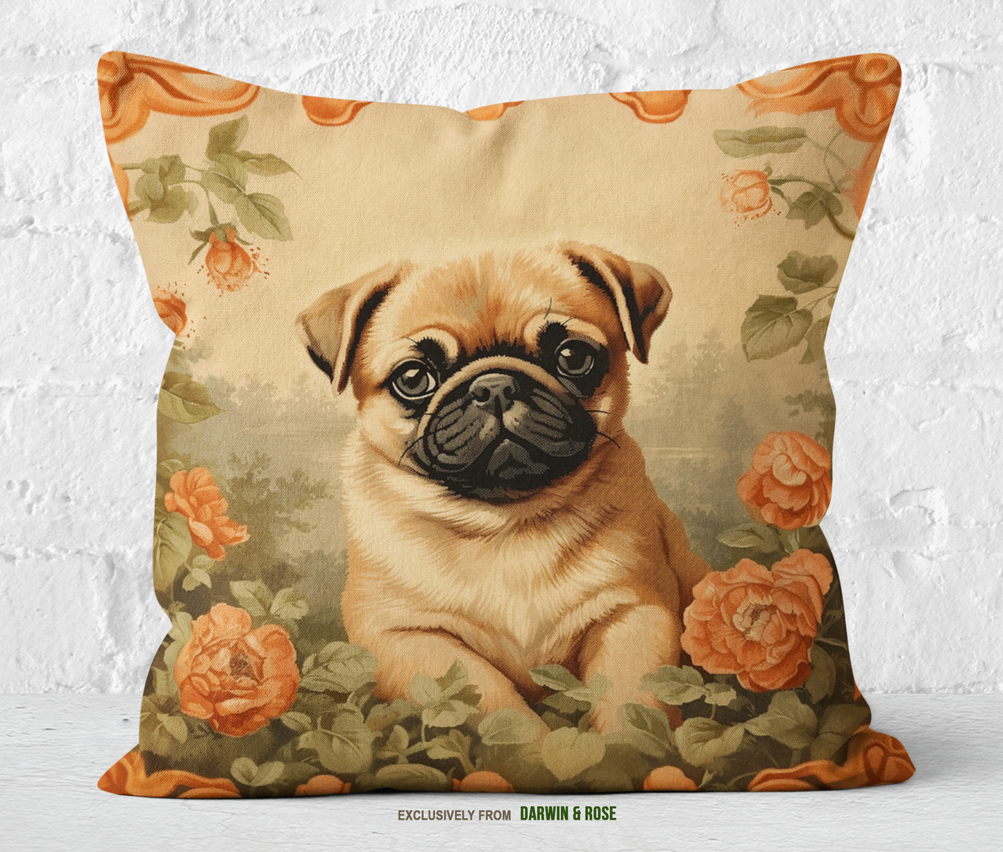 Vintage Floral Pug Throw Pillow Rustic Farmhouse Dog Lover Decor