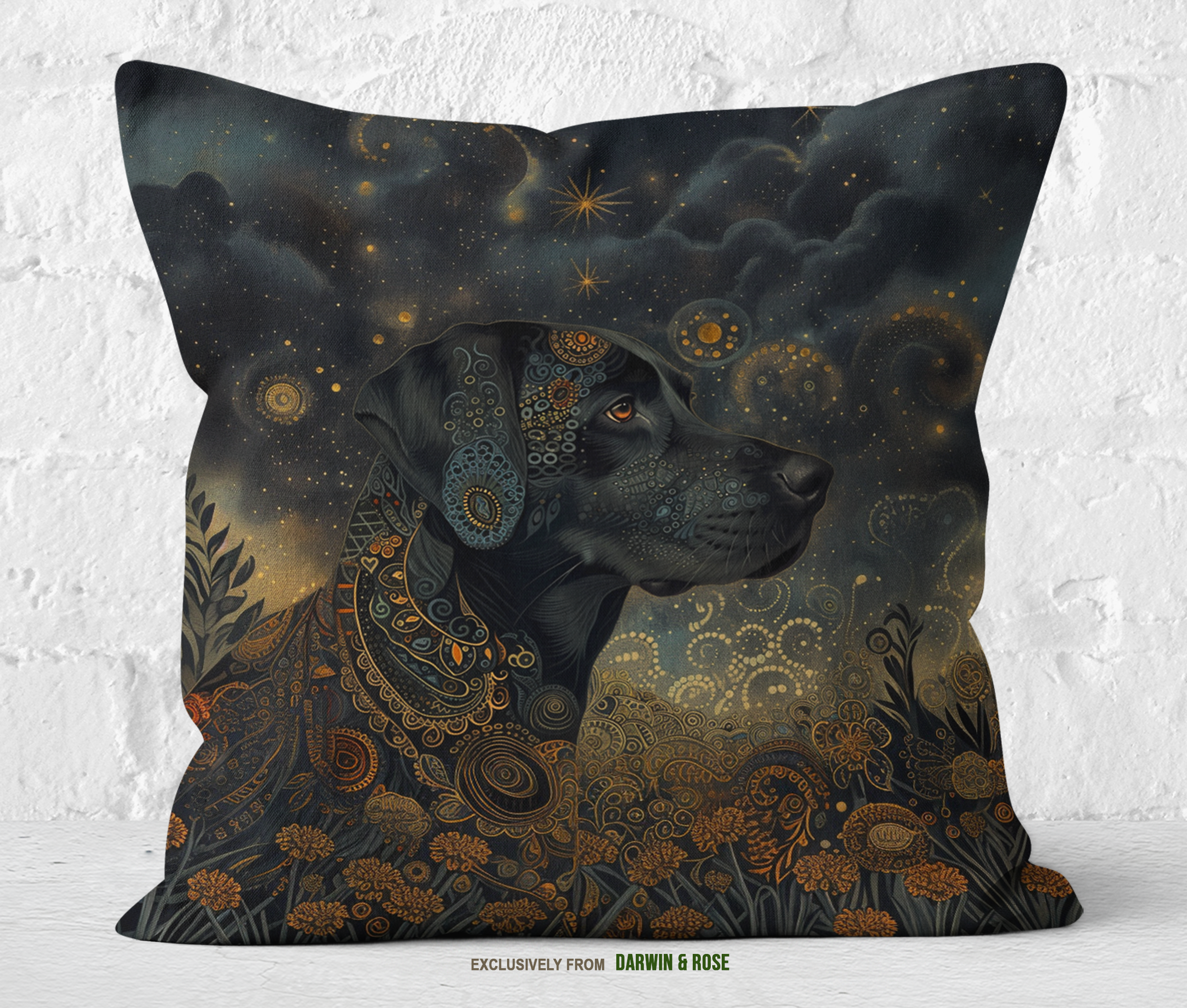 Whimsical Night Sky Black Labrador Throw Pillow – Boho Chic Dog Lover Decor