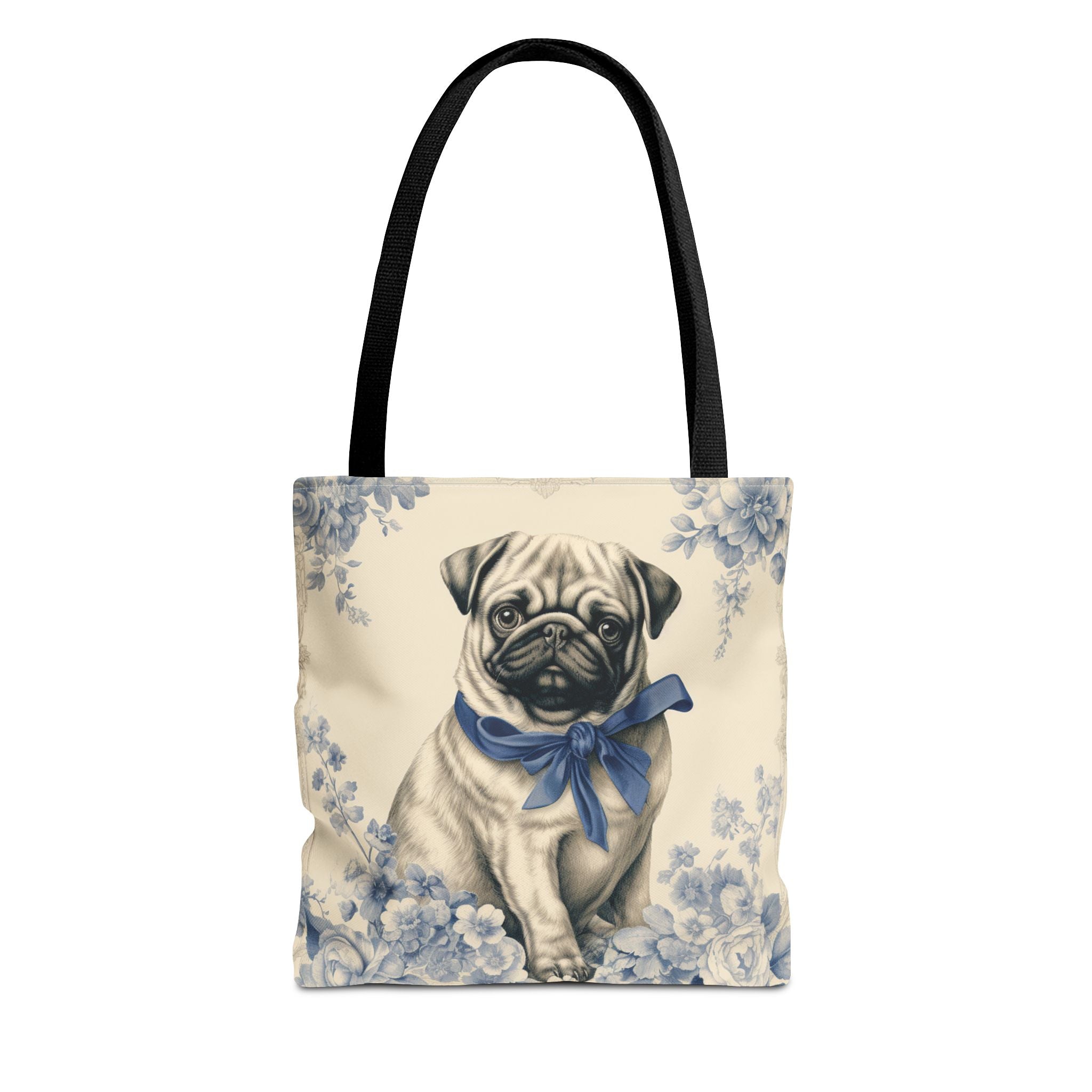 Charming Pug Canvas Tote Bag with Blue Bow & Floral Design