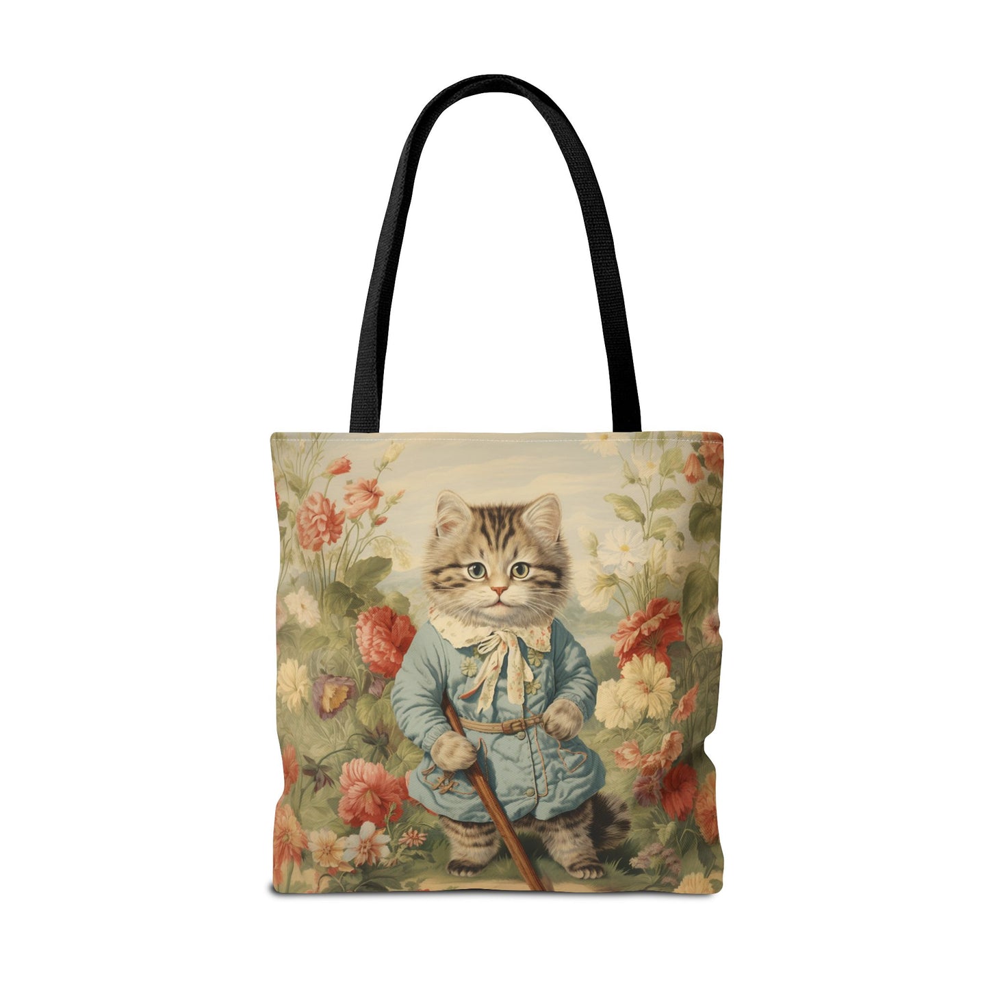 Whimsical Garden Cat Tote Bag, Vintage Floral Eco-Friendly Canvas