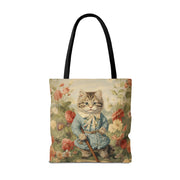 Whimsical Garden Cat Tote Bag, Vintage Floral Eco-Friendly Canvas