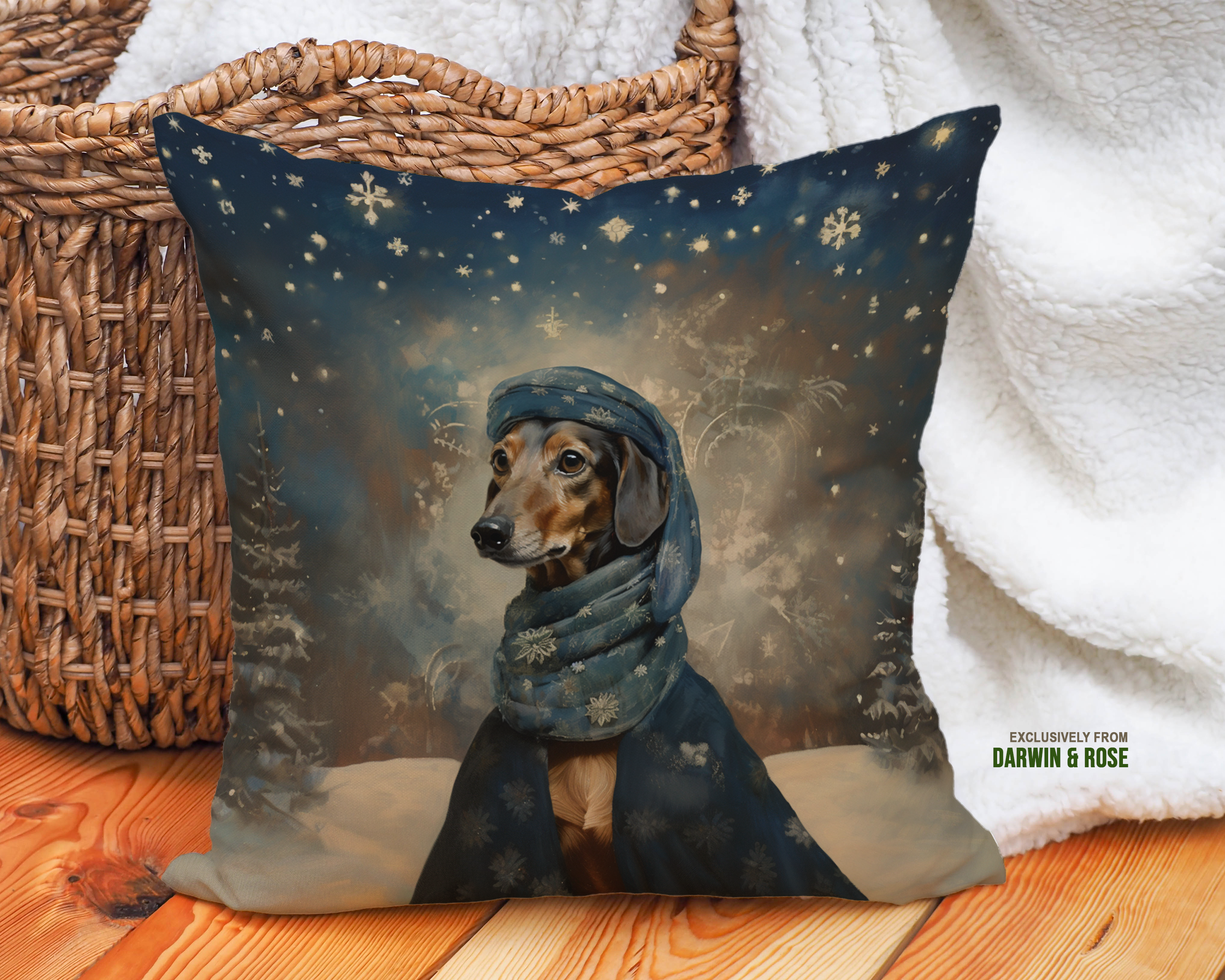 Dachshund Snowfall Magic Winter Throw Pillow